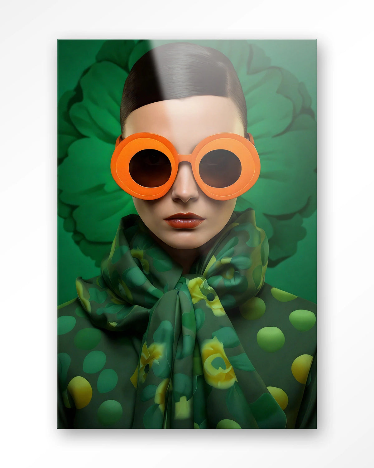 Green Flower – vrouw met oranje zonnebril op groen – Glas – Blinde montage