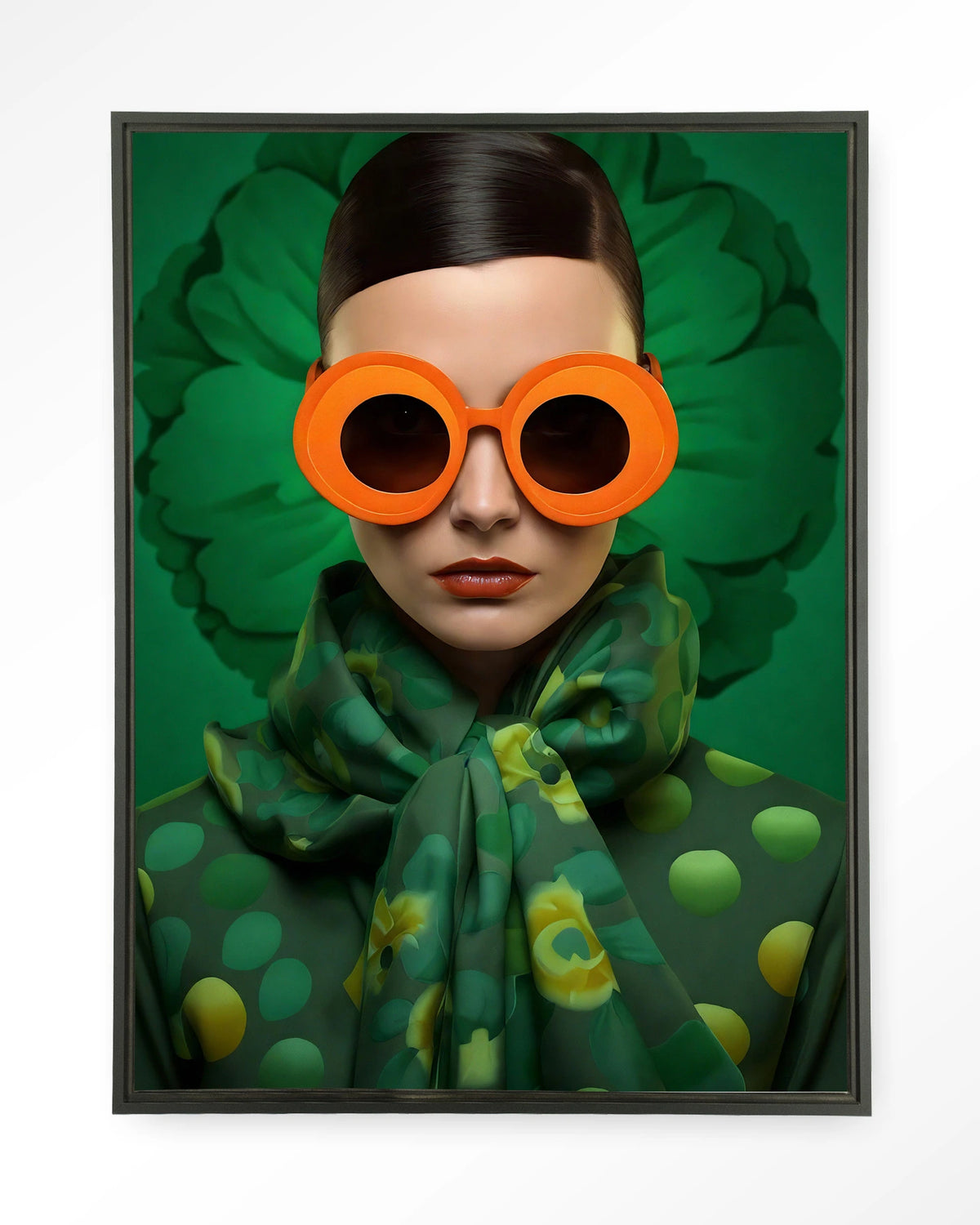 Green Flower – vrouw met oranje zonnebril op groen – Wandkleed – Floating frame – zwart