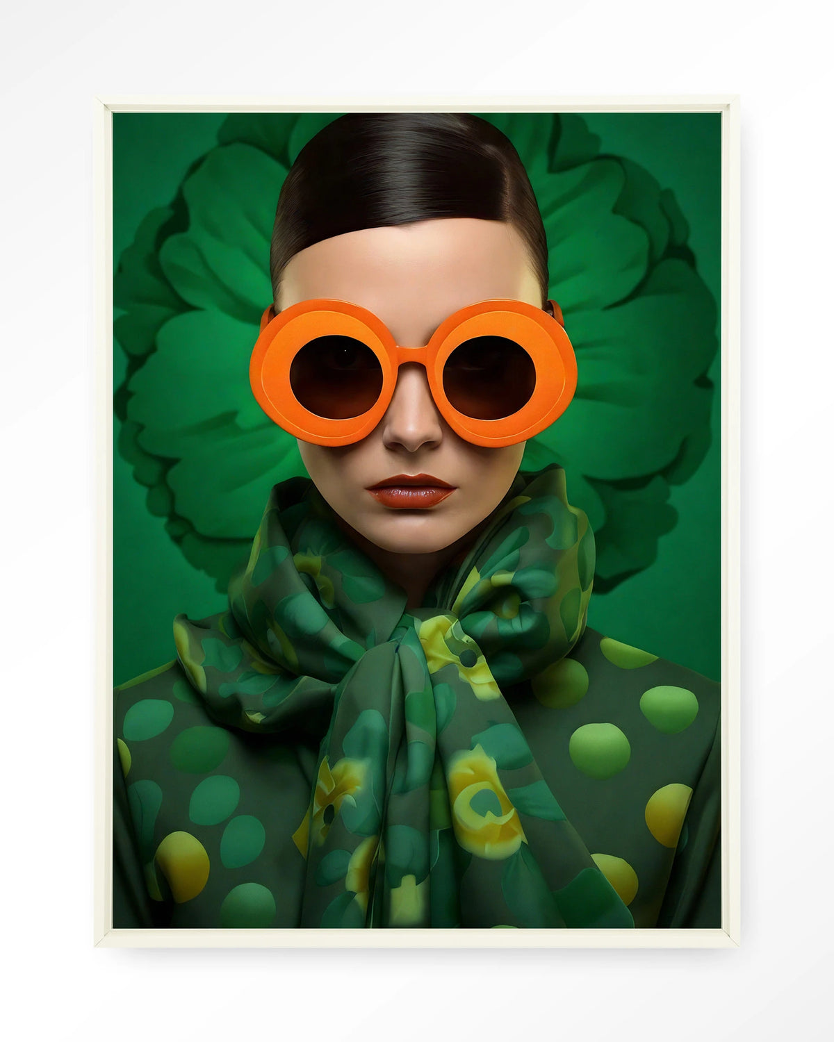 Green Flower – vrouw met oranje zonnebril op groen – Wandkleed – Floating frame – wit