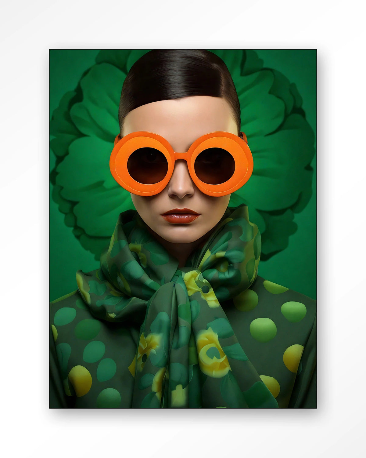Green Flower – vrouw met oranje zonnebril op groen – Wandkleed – Frame – zwart
