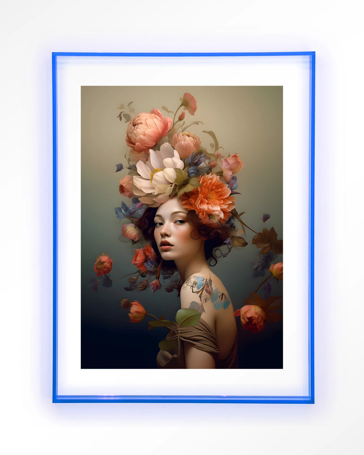 Vintage Flower Girl – vrouw met bloemenkroon – Art print – Acryl lichtblauw