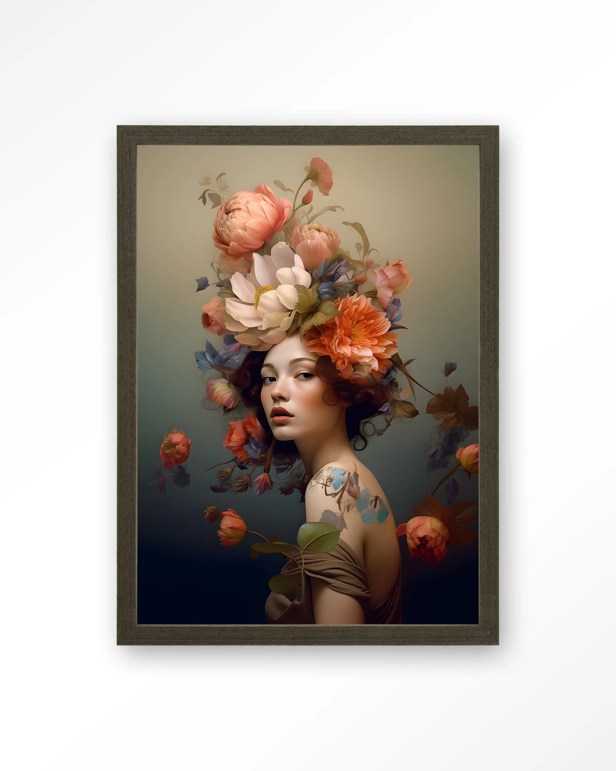 Vintage Flower Girl – vrouw met bloemenkroon – Art print – Hout donkerbruin