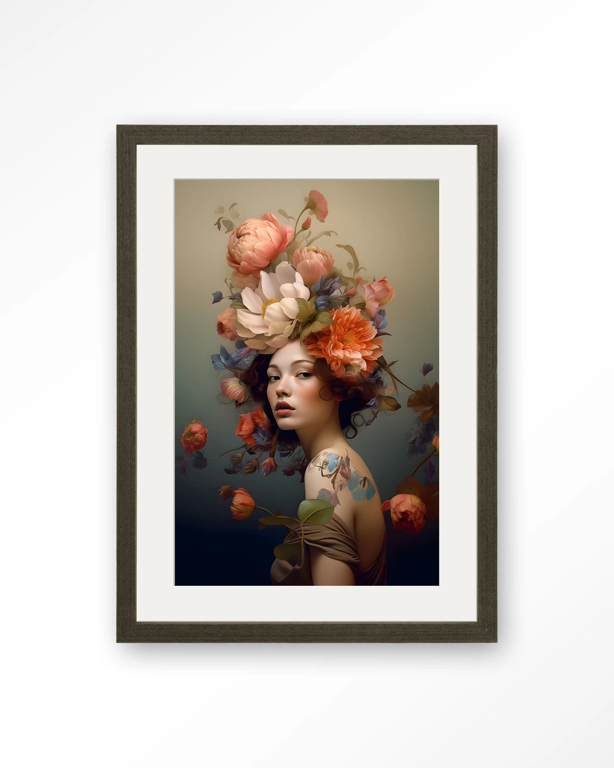 Vintage Flower Girl – vrouw met bloemenkroon – Art print – Hout donkerbruin + passe-partout