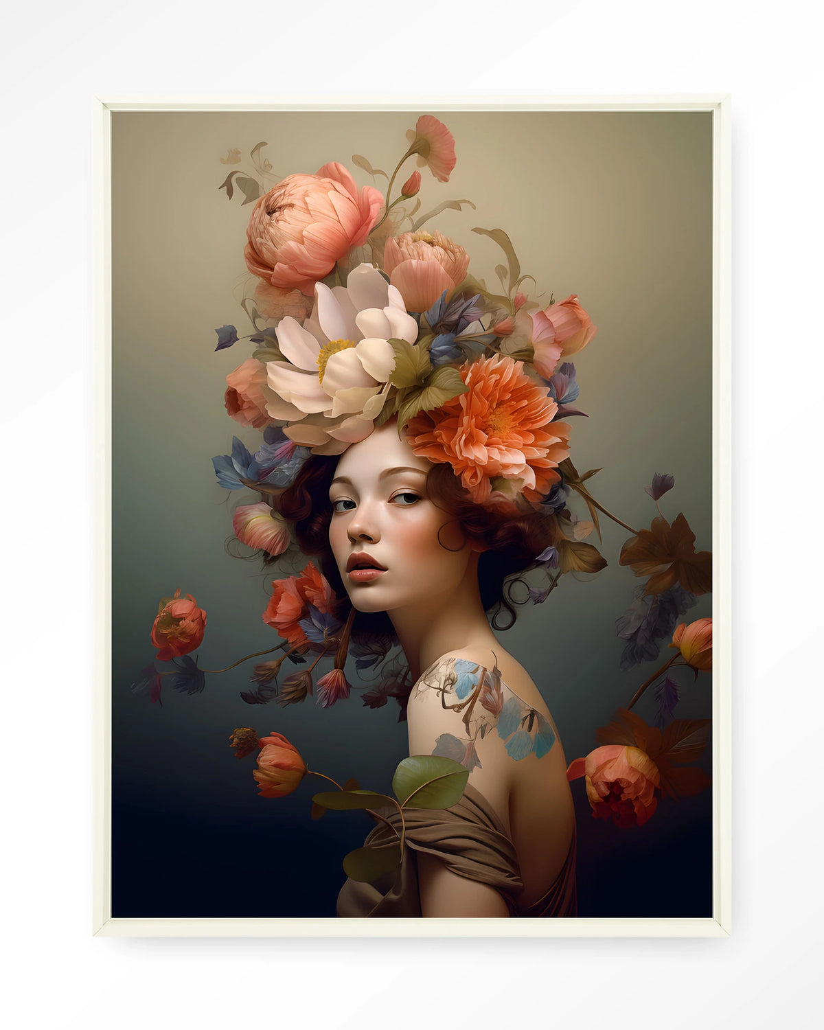 Vintage Flower Girl – vrouw met bloemenkroon – Wandkleed – Floating frame – wit