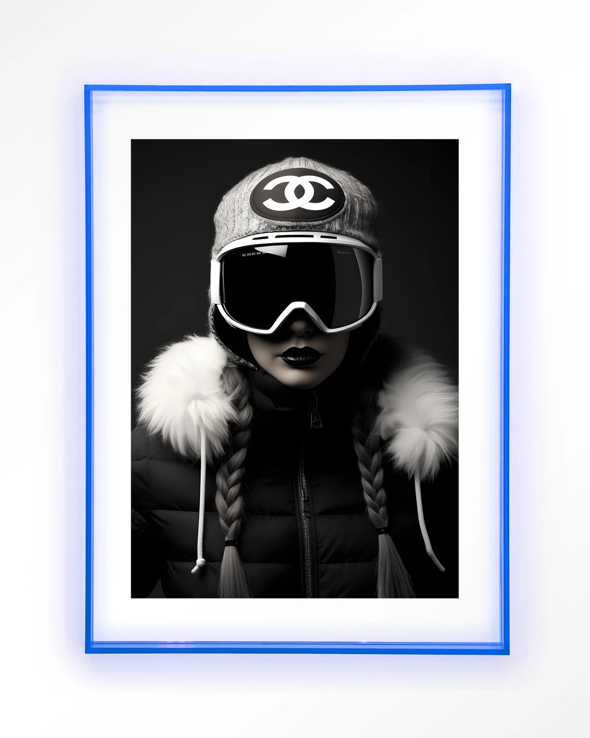 Luxury Snow Girl – skiester in zwart-wit – Art print – Acryl lichtblauw