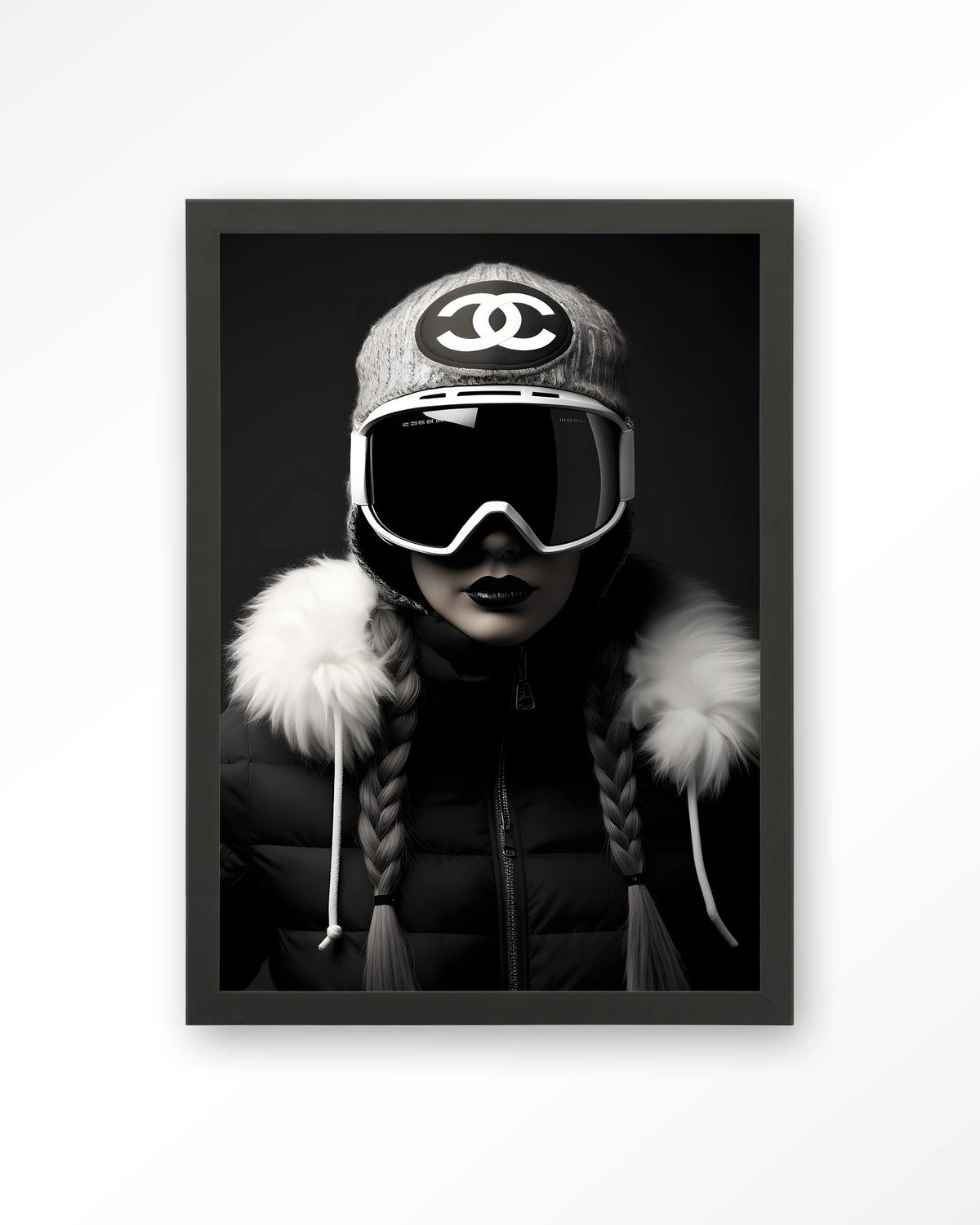 Luxury Snow Girl – skiester in zwart-wit – Art print – Hout zwart