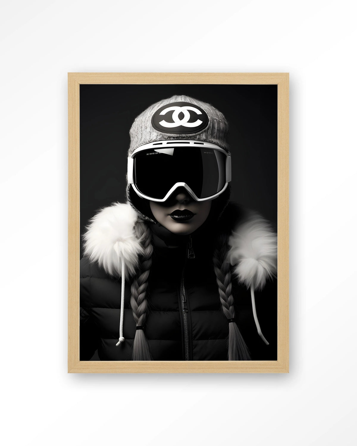 Luxury Snow Girl – skiester in zwart-wit – Art print – Hout naturel