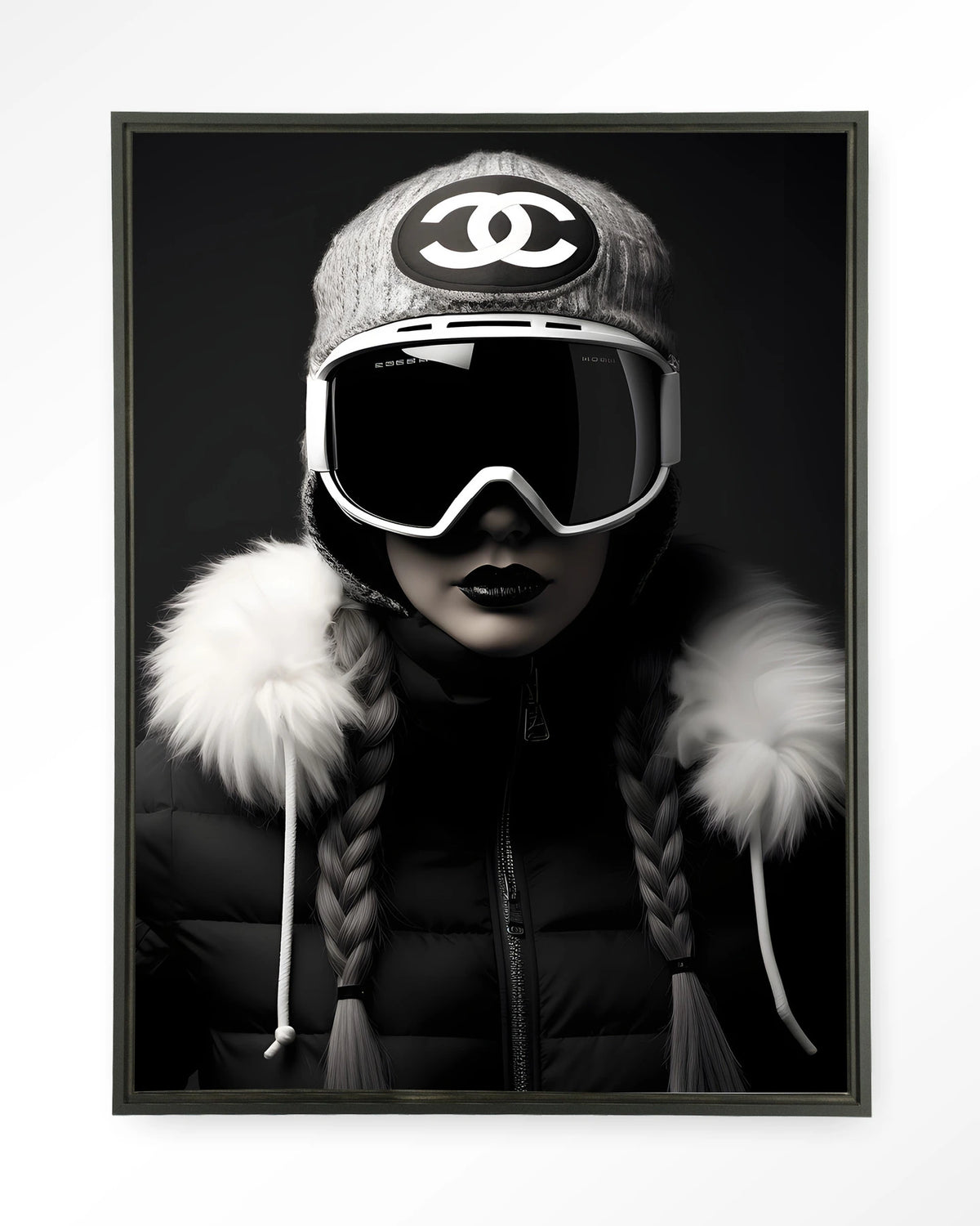 Luxury Snow Girl – skiester in zwart-wit – Wandkleed – Floating frame – zwart