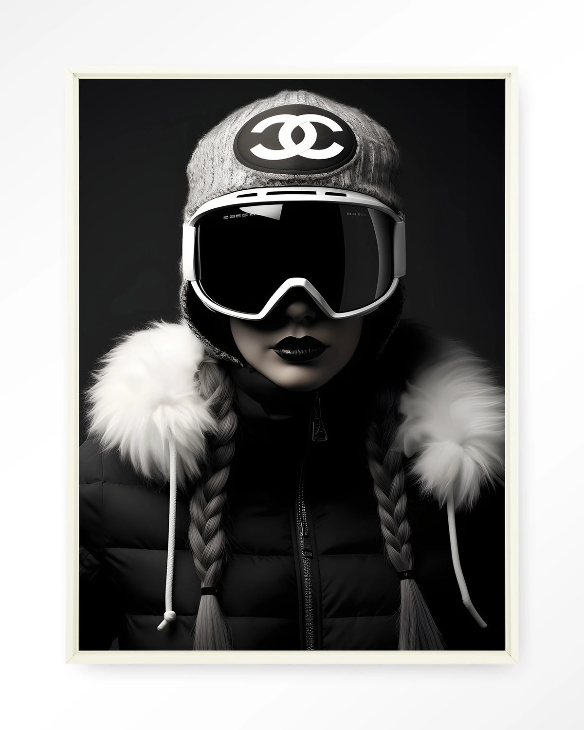Luxury Snow Girl – skiester in zwart-wit – Wandkleed – Floating frame – wit