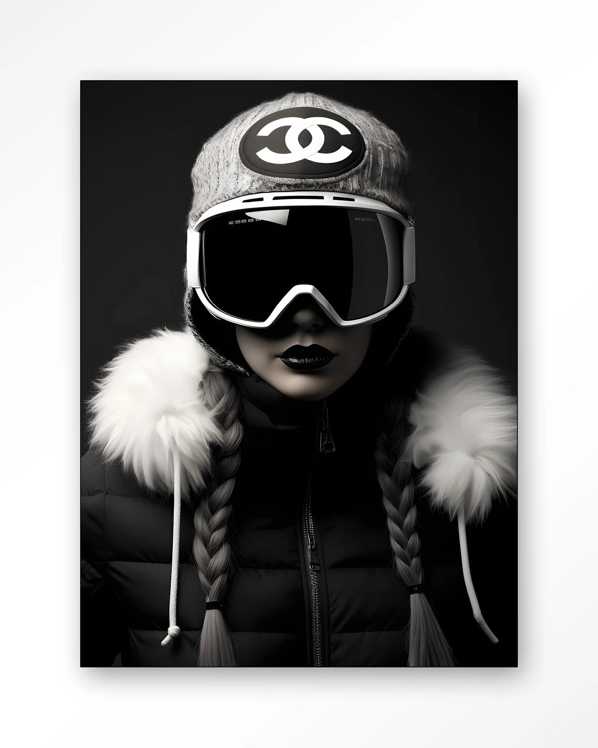 Luxury Snow Girl – skiester in zwart-wit – Wandkleed – Frame – zwart