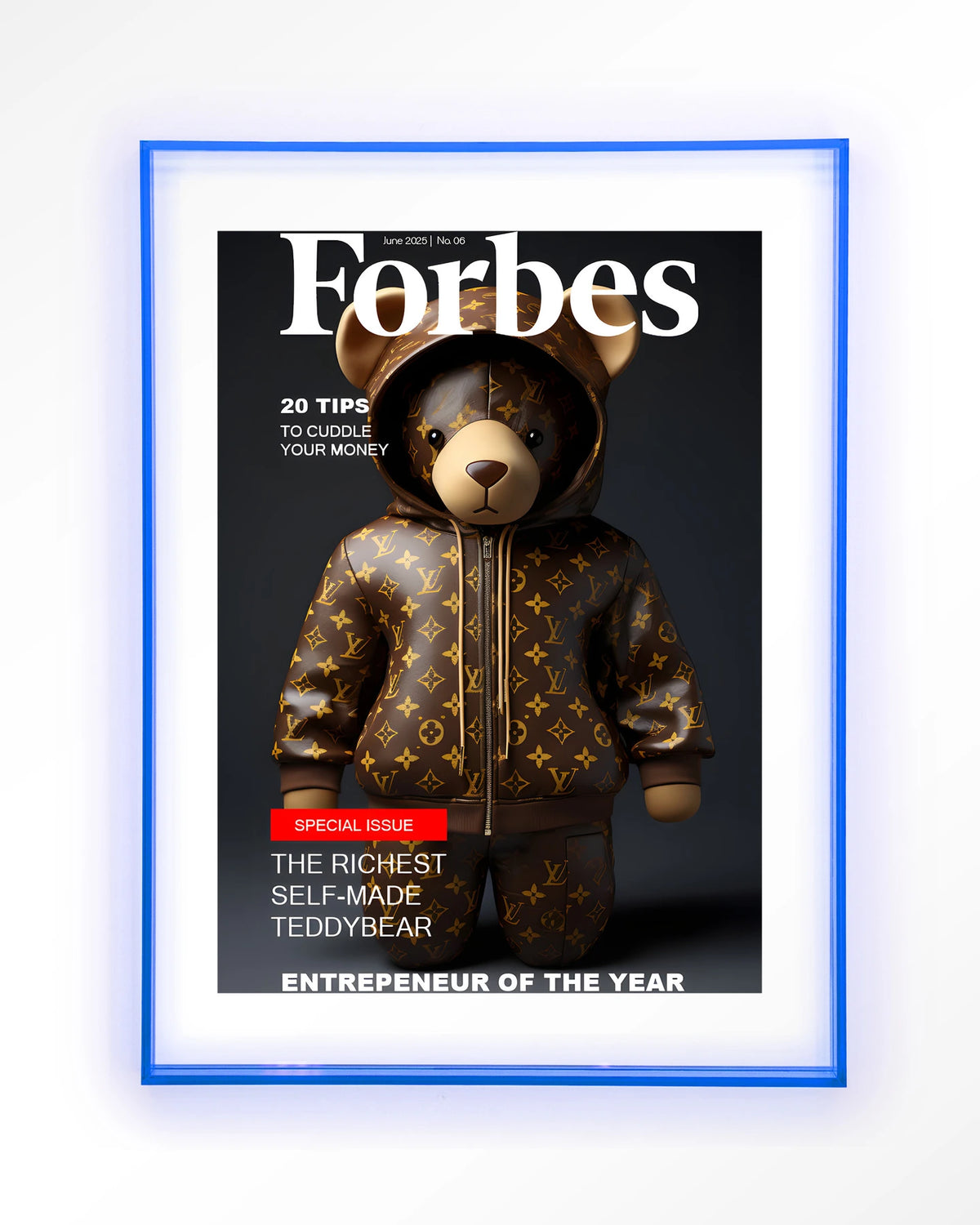 Selfmade Teddybear – teddybeer op Forbes-cover – Art print – Acryl lichtblauw