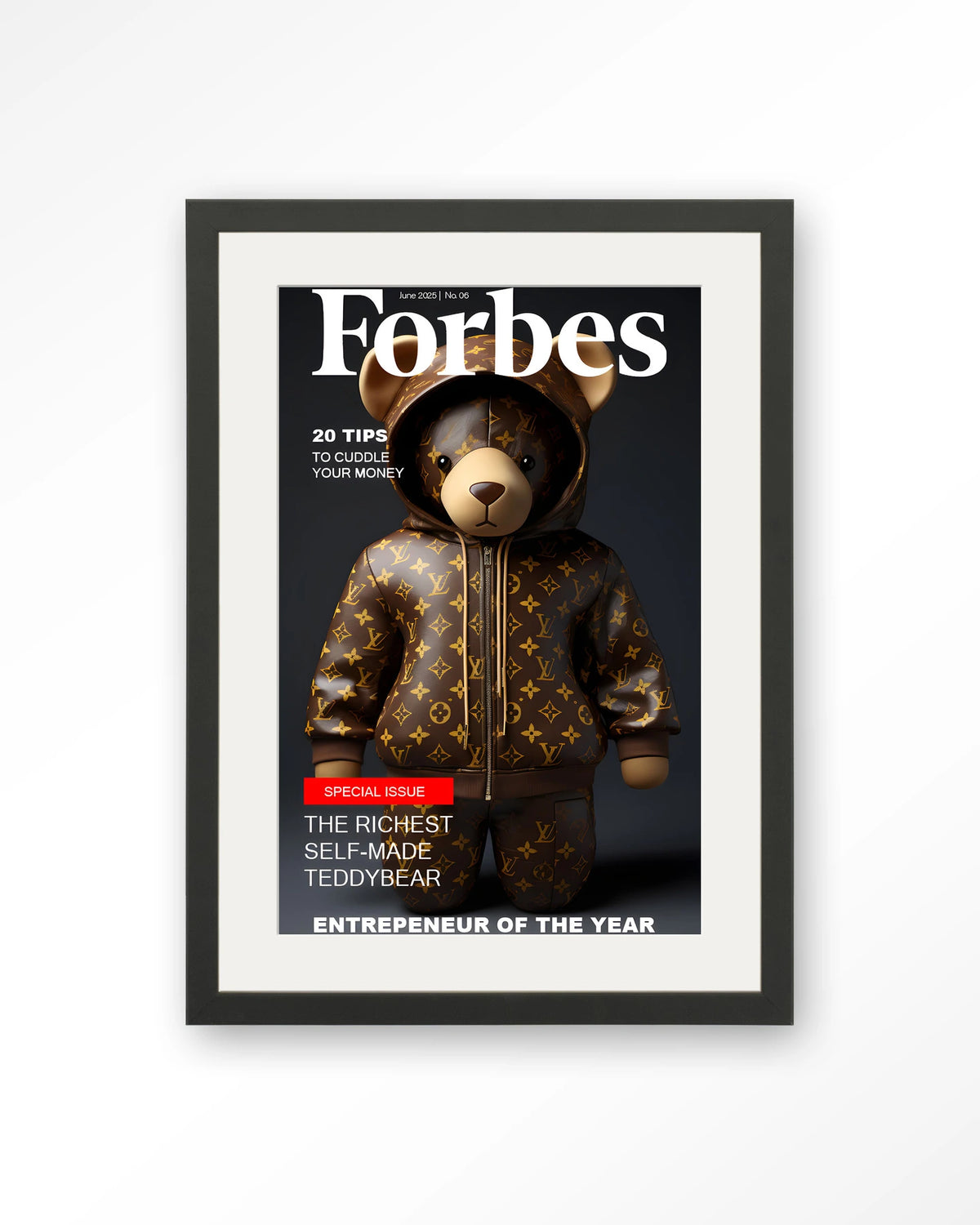 Selfmade Teddybear – teddybeer op Forbes-cover – Art print – Hout zwart + passe-partout