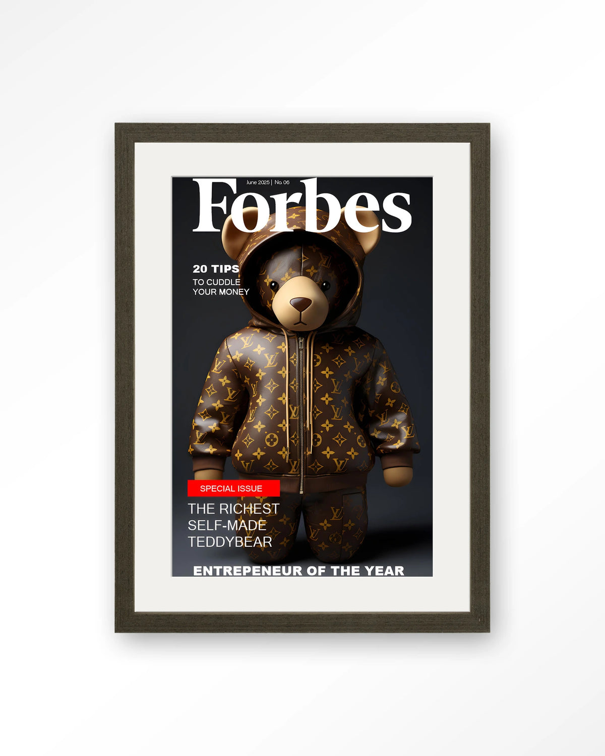 Selfmade Teddybear – teddybeer op Forbes-cover – Art print – Hout donkerbruin + passe-partout