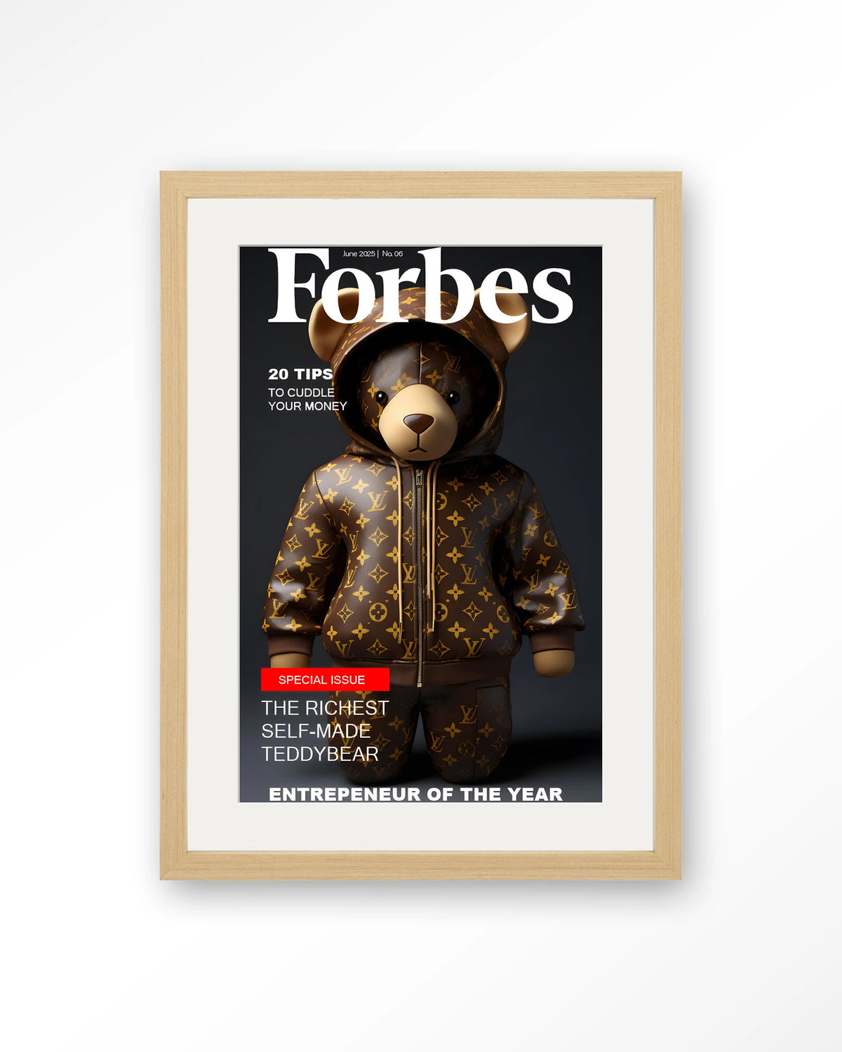 Selfmade Teddybear – teddybeer op Forbes-cover – Art print – Hout naturel + passe-partout