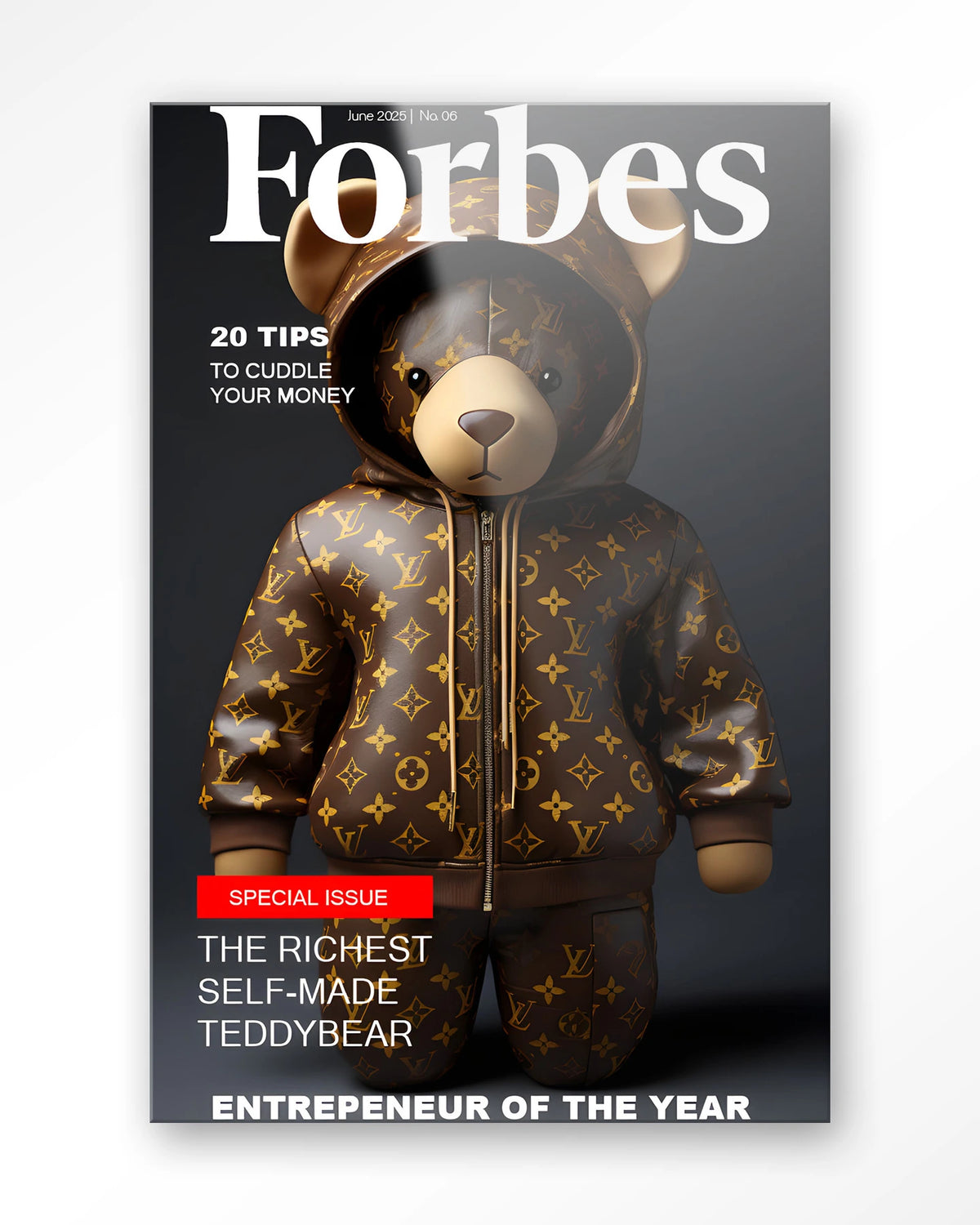 Selfmade Teddybear – teddybeer op Forbes-cover – Glas – Blinde montage