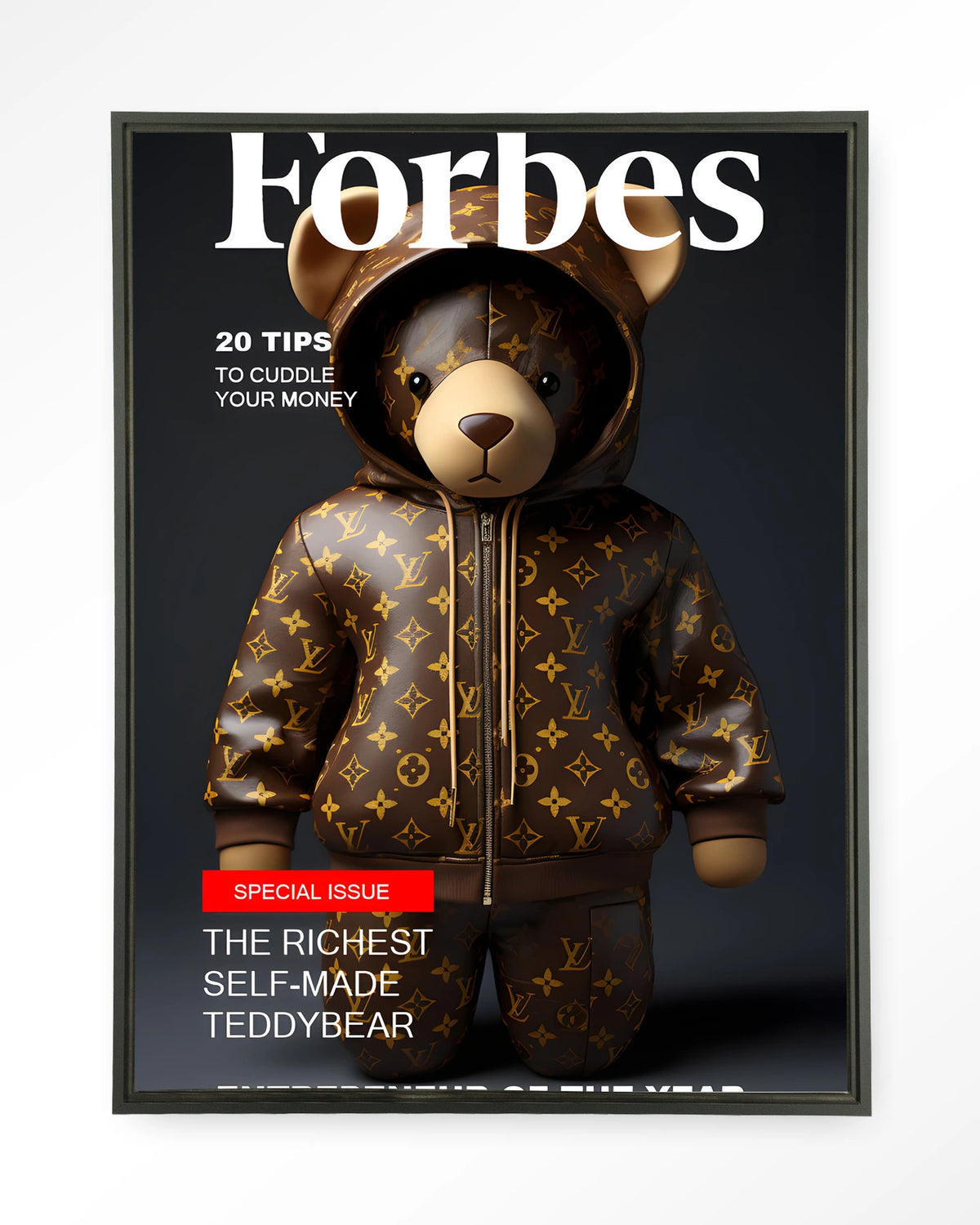 Selfmade Teddybear – teddybeer op Forbes-cover – Wandkleed – Floating frame – zwart