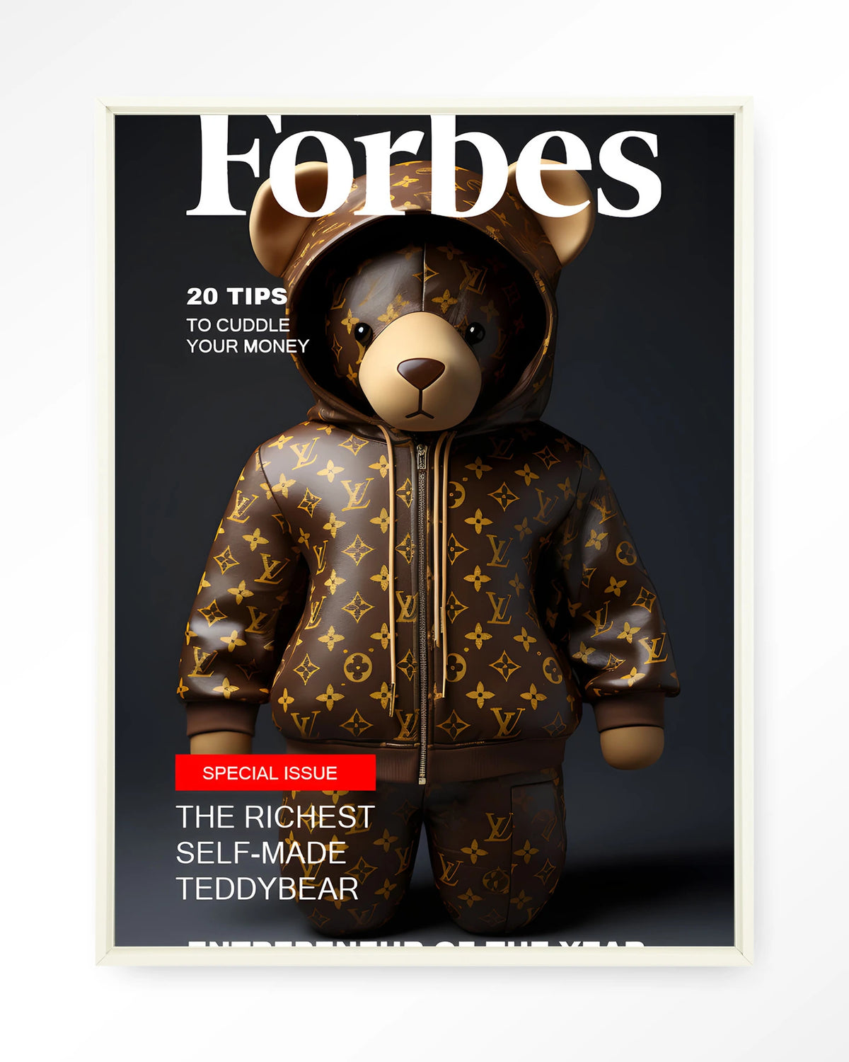 Selfmade Teddybear – teddybeer op Forbes-cover – Wandkleed – Floating frame – wit