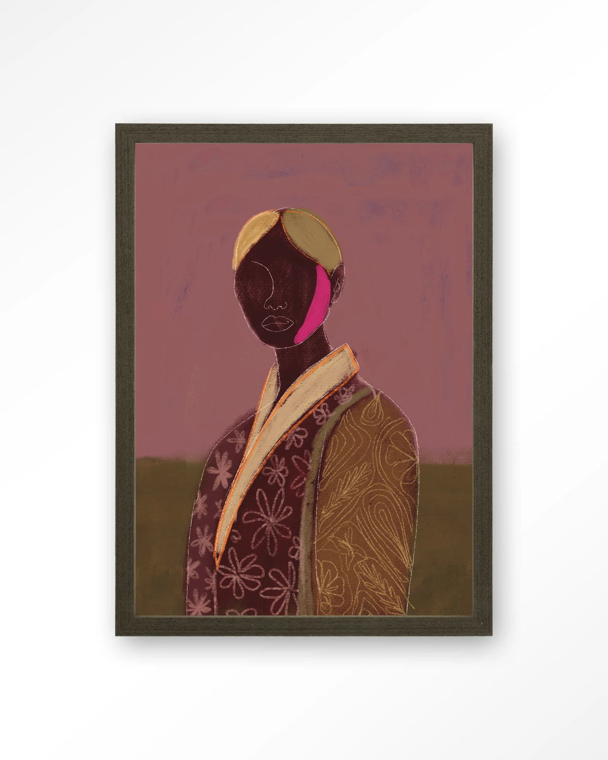 Silhouette Lady 10 – figuur met bloemenjas, abstract portret – Art print – Hout donkerbruin