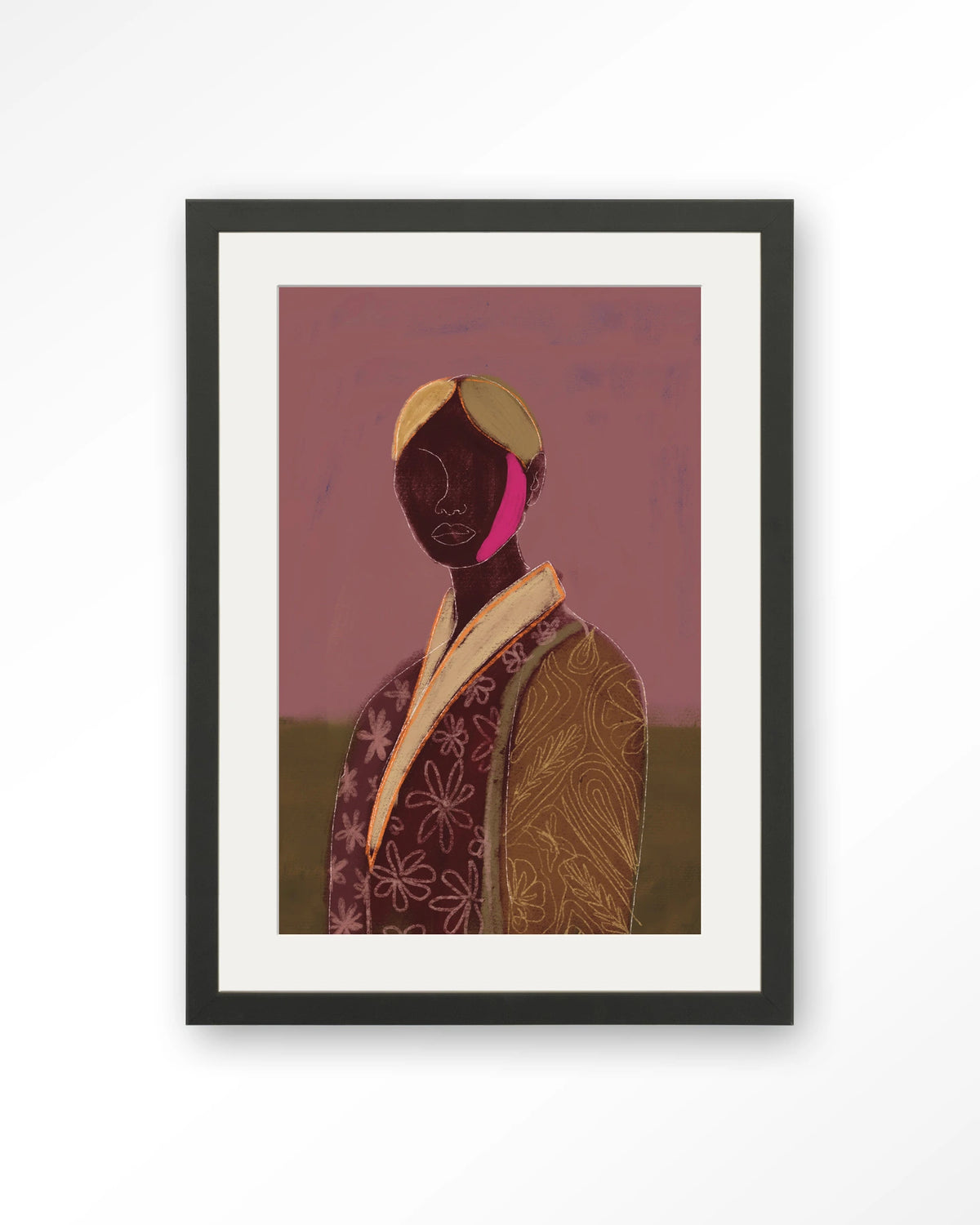 Silhouette Lady 10 – figuur met bloemenjas, abstract portret – Art print – Hout zwart + passe-partout