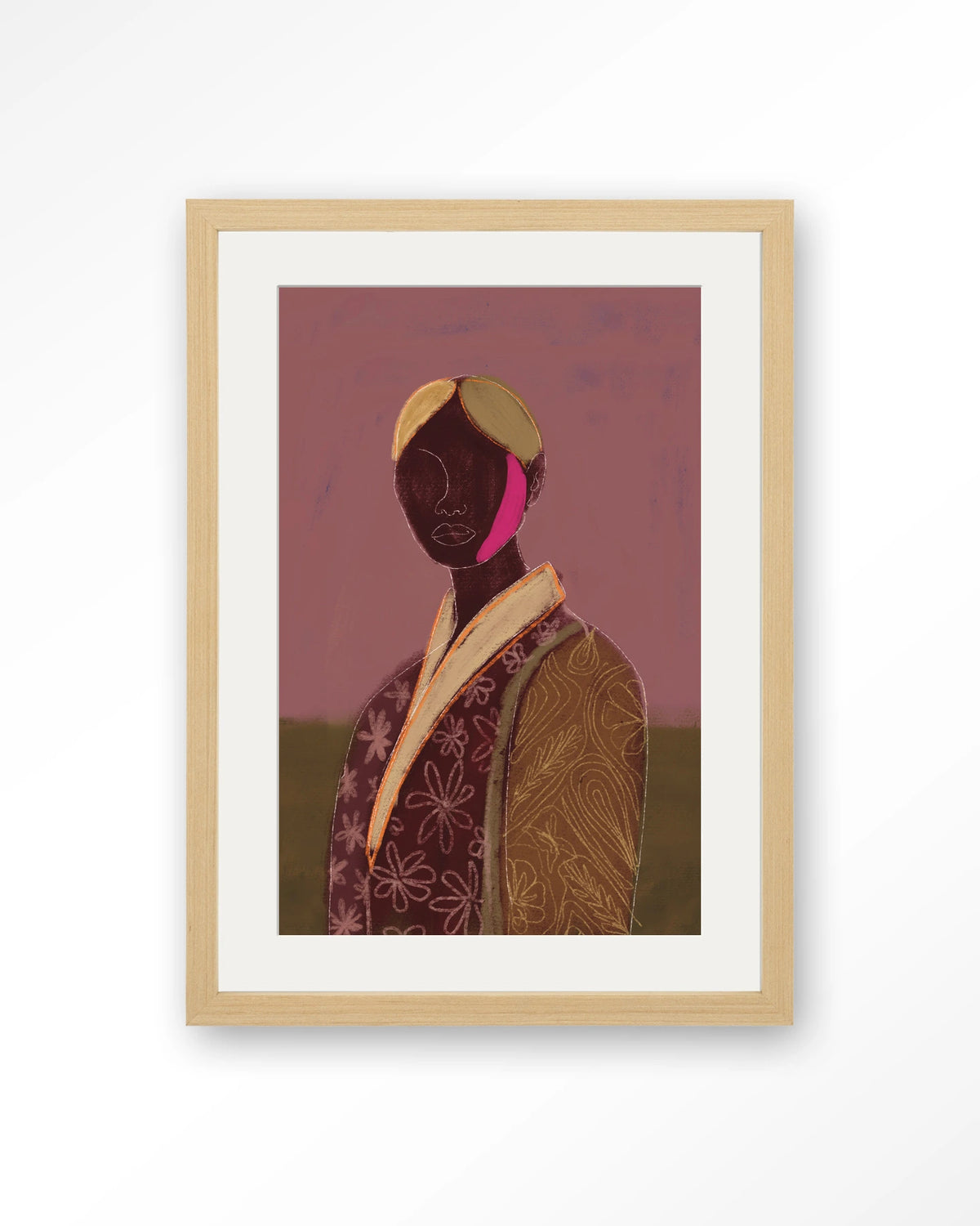 Silhouette Lady 10 – figuur met bloemenjas, abstract portret – Art print – Hout naturel + passe-partout