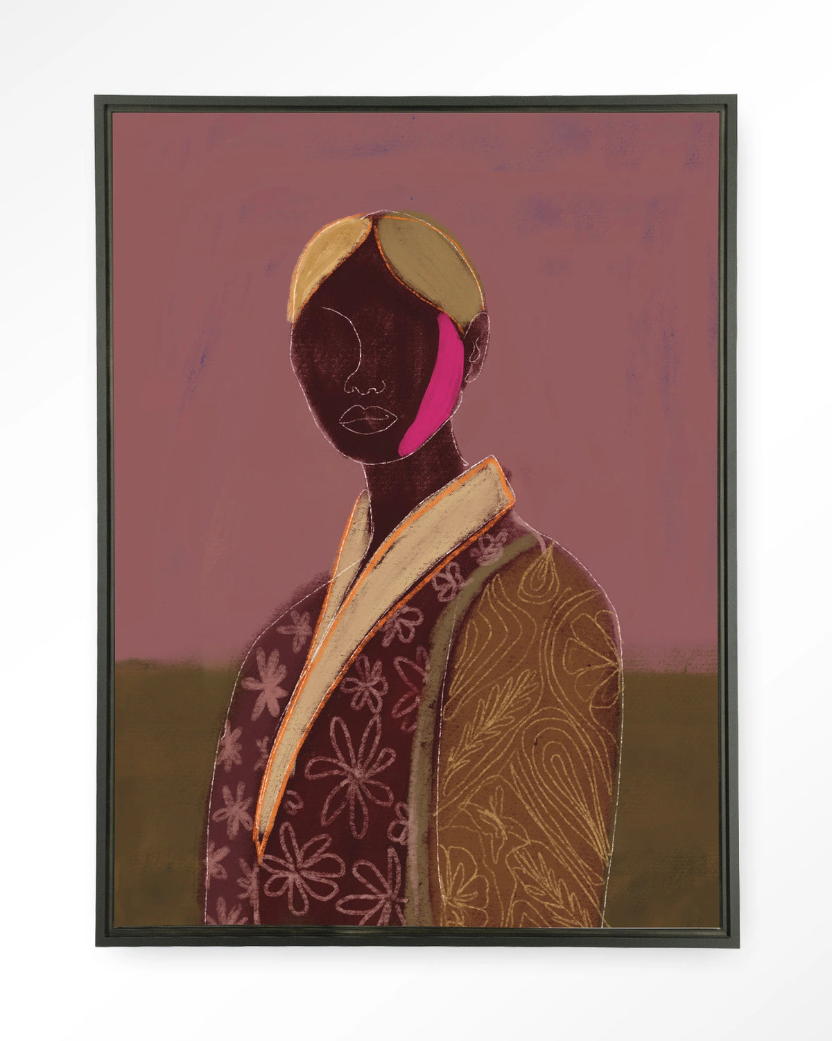 Silhouette Lady 10 – figuur met bloemenjas, abstract portret – Wandkleed – Floating frame – zwart