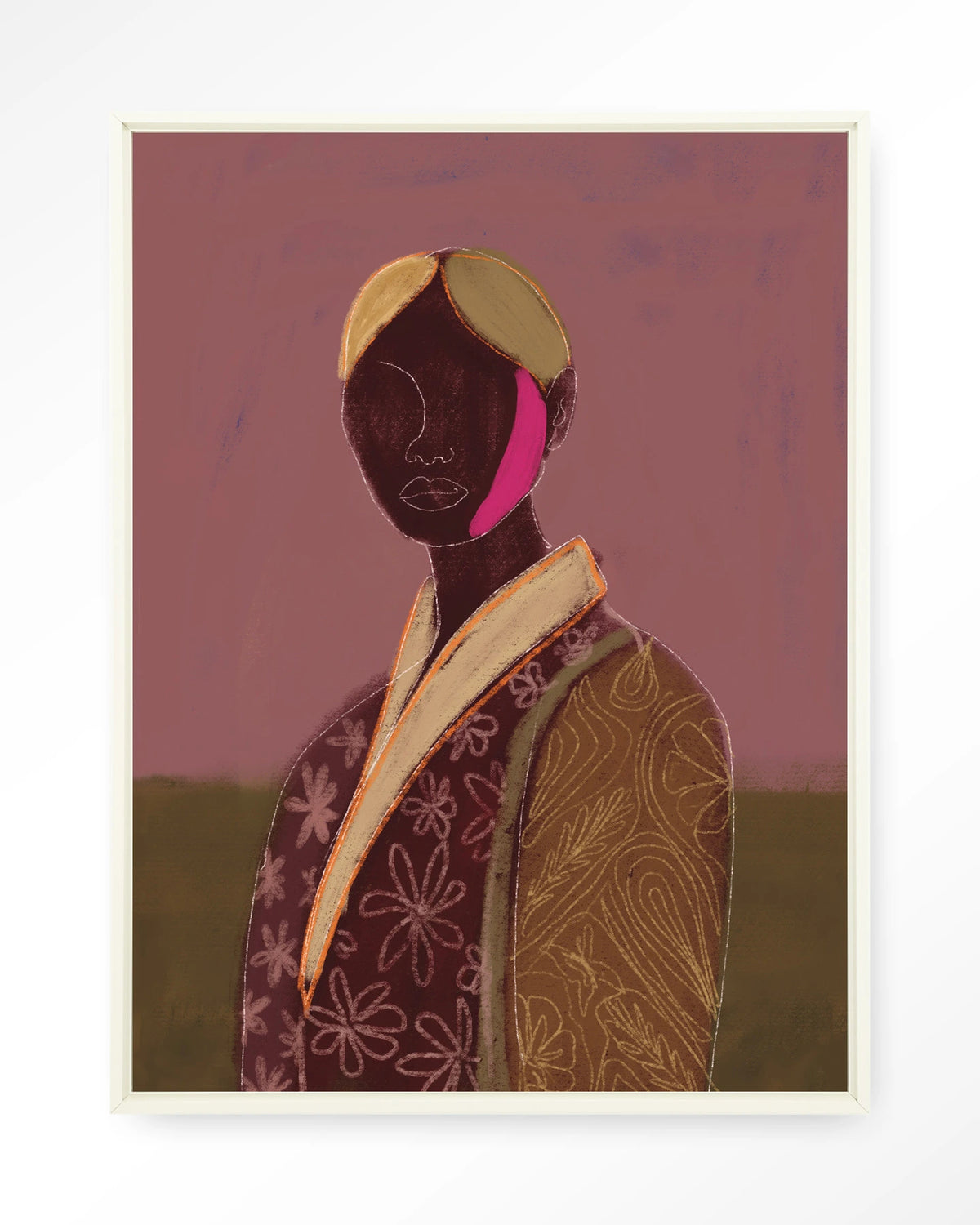 Silhouette Lady 10 – figuur met bloemenjas, abstract portret – Wandkleed – Floating frame – wit