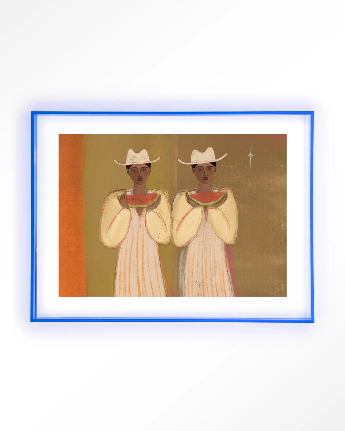 Watermelon Girl – twee vrouwen met watermeloen – Art print – Acryl lichtblauw