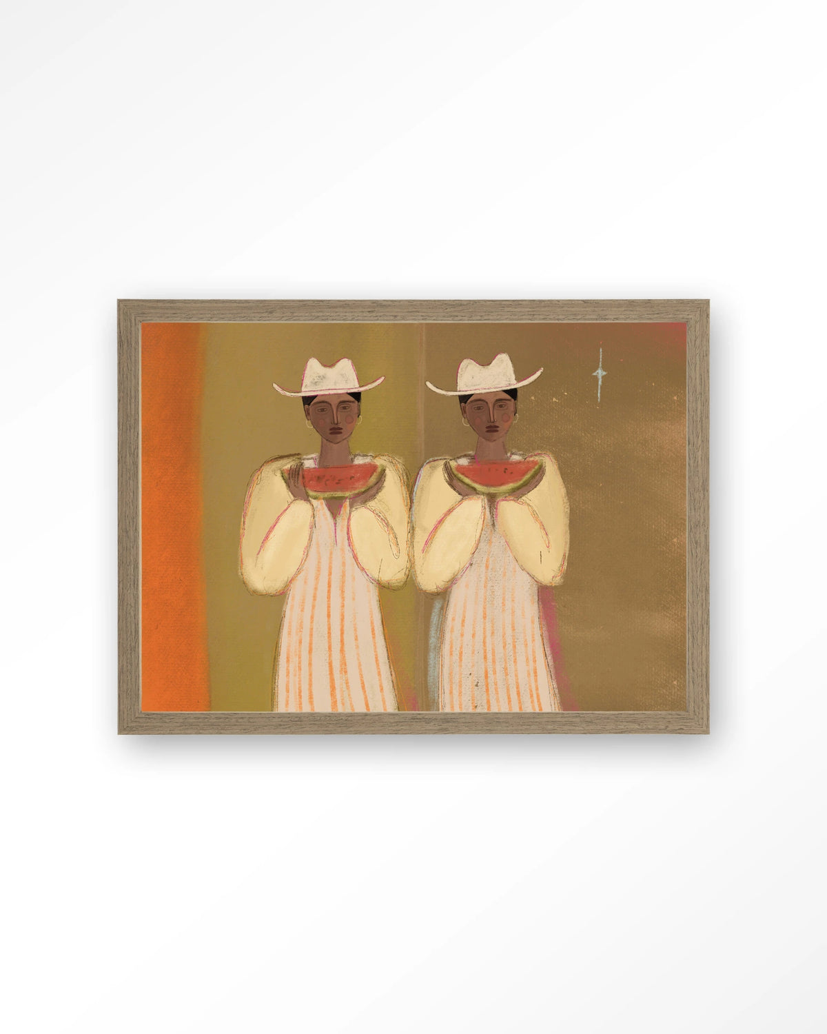 Watermelon Girl – twee vrouwen met watermeloen – Art print – Hout bruin