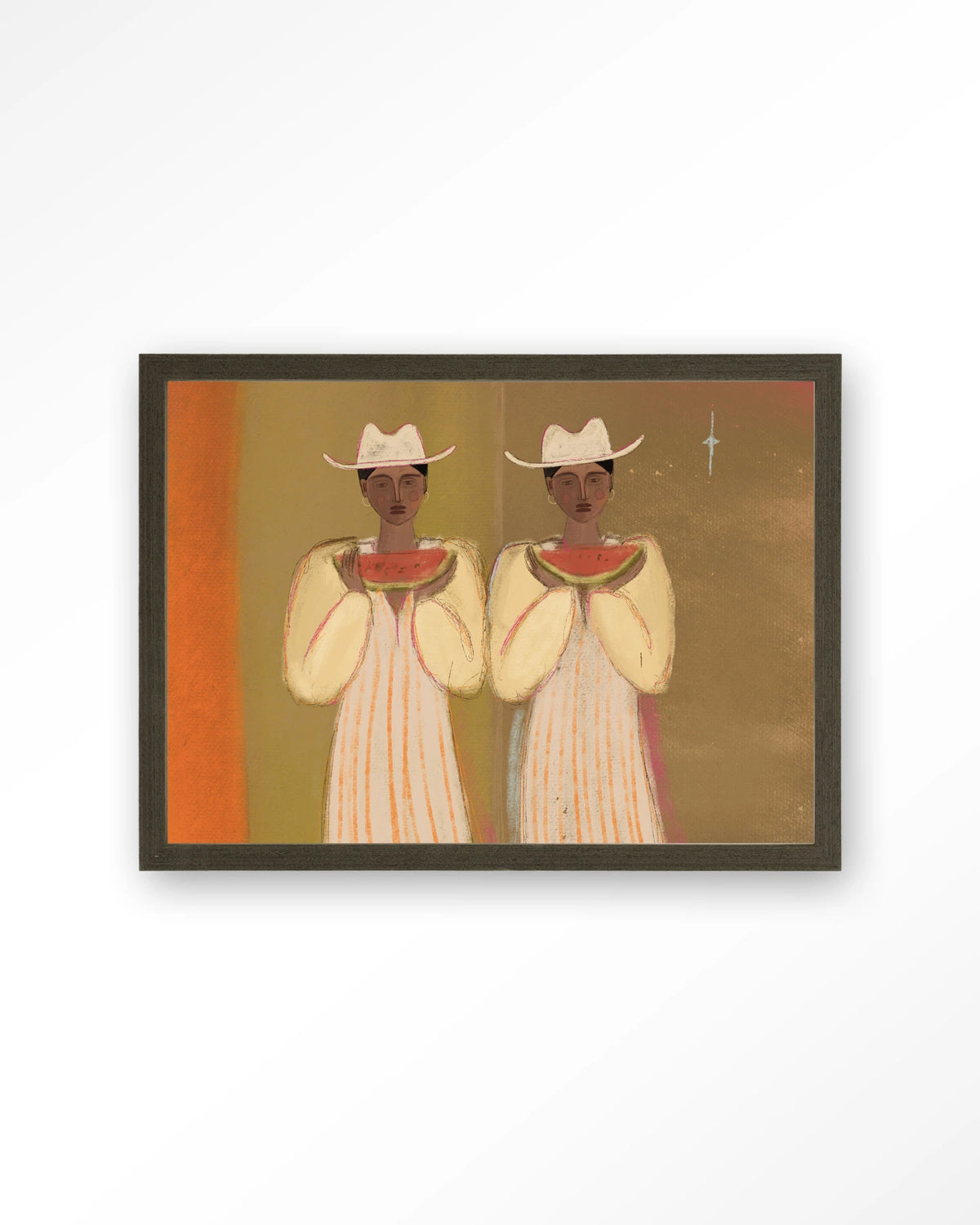 Watermelon Girl – twee vrouwen met watermeloen – Art print – Hout donkerbruin