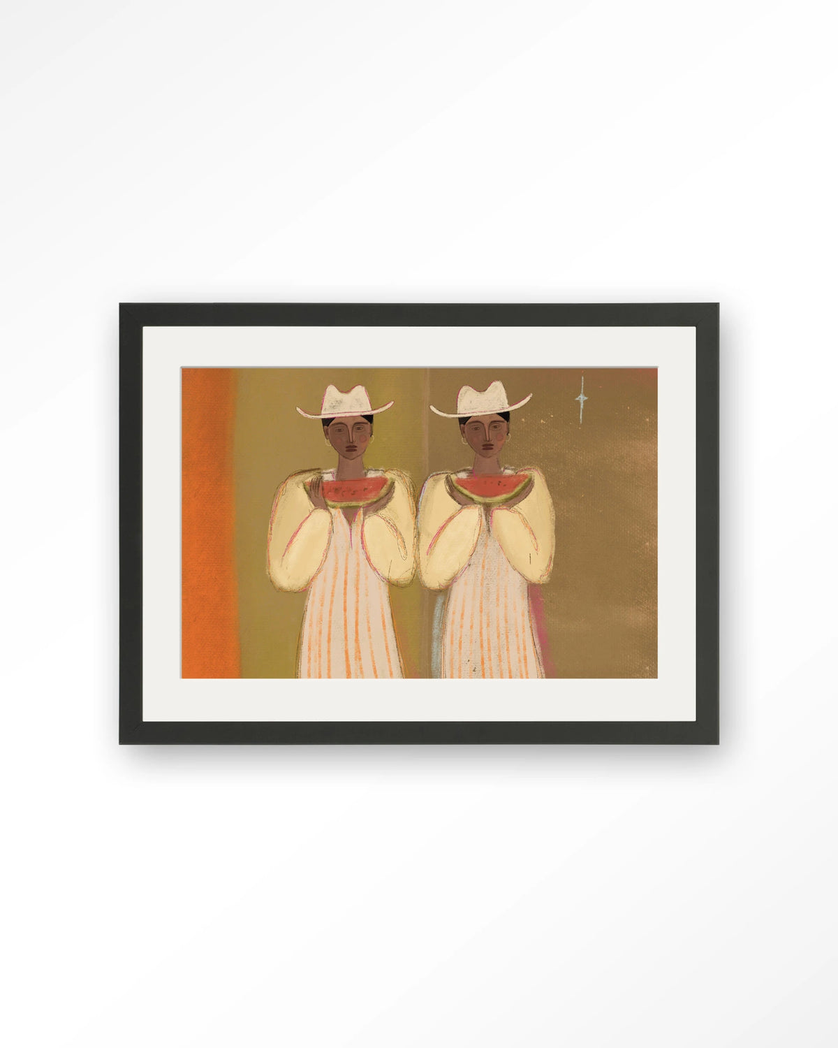 Watermelon Girl – twee vrouwen met watermeloen – Art print – Hout zwart + passe-partout