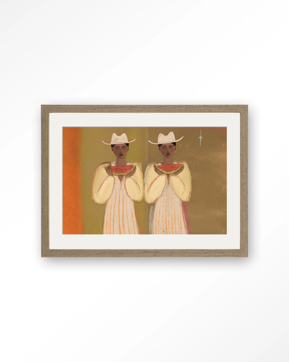 Watermelon Girl – twee vrouwen met watermeloen – Art print – Hout bruin + passe-partout