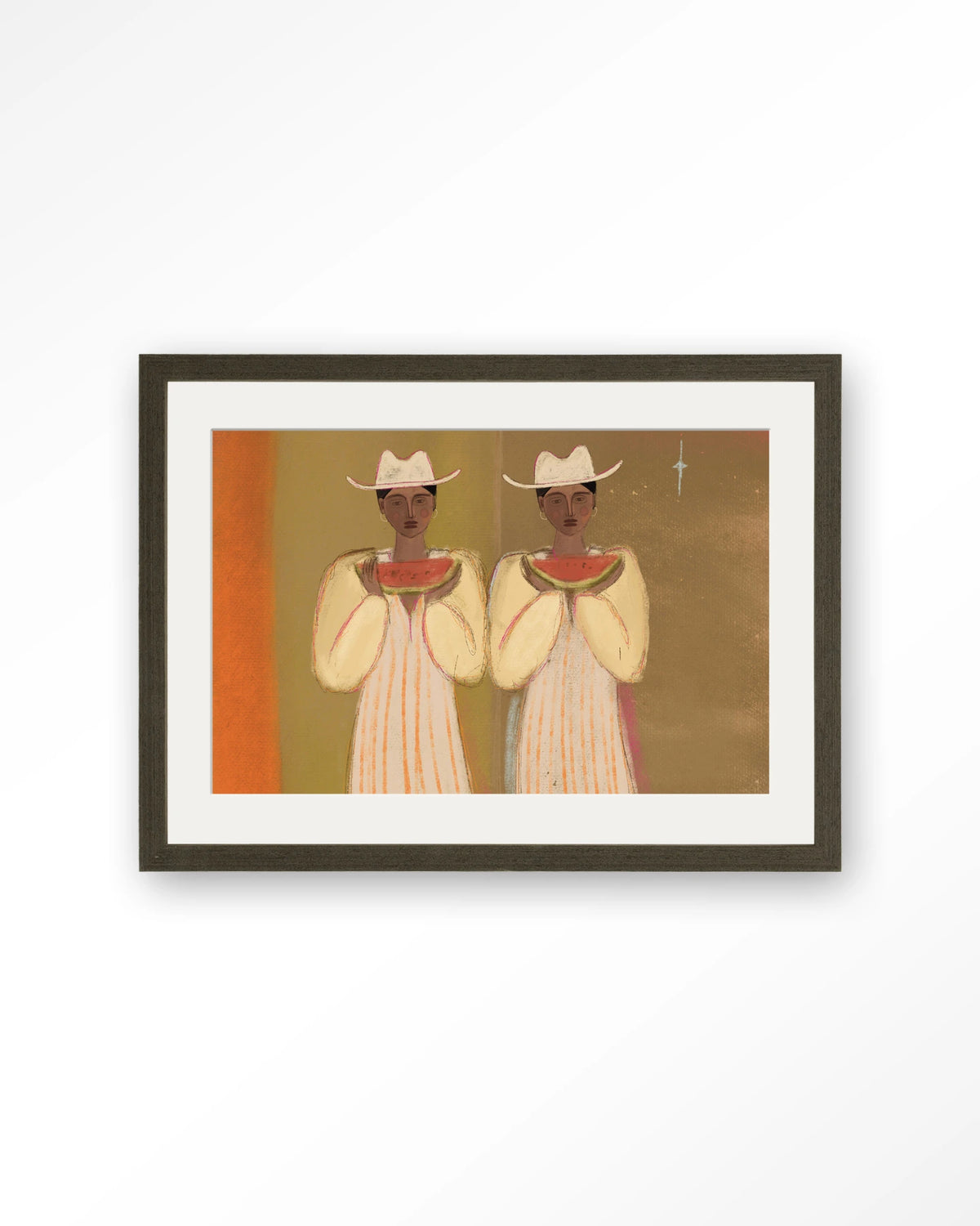 Watermelon Girl – twee vrouwen met watermeloen – Art print – Hout donkerbruin + passe-partout