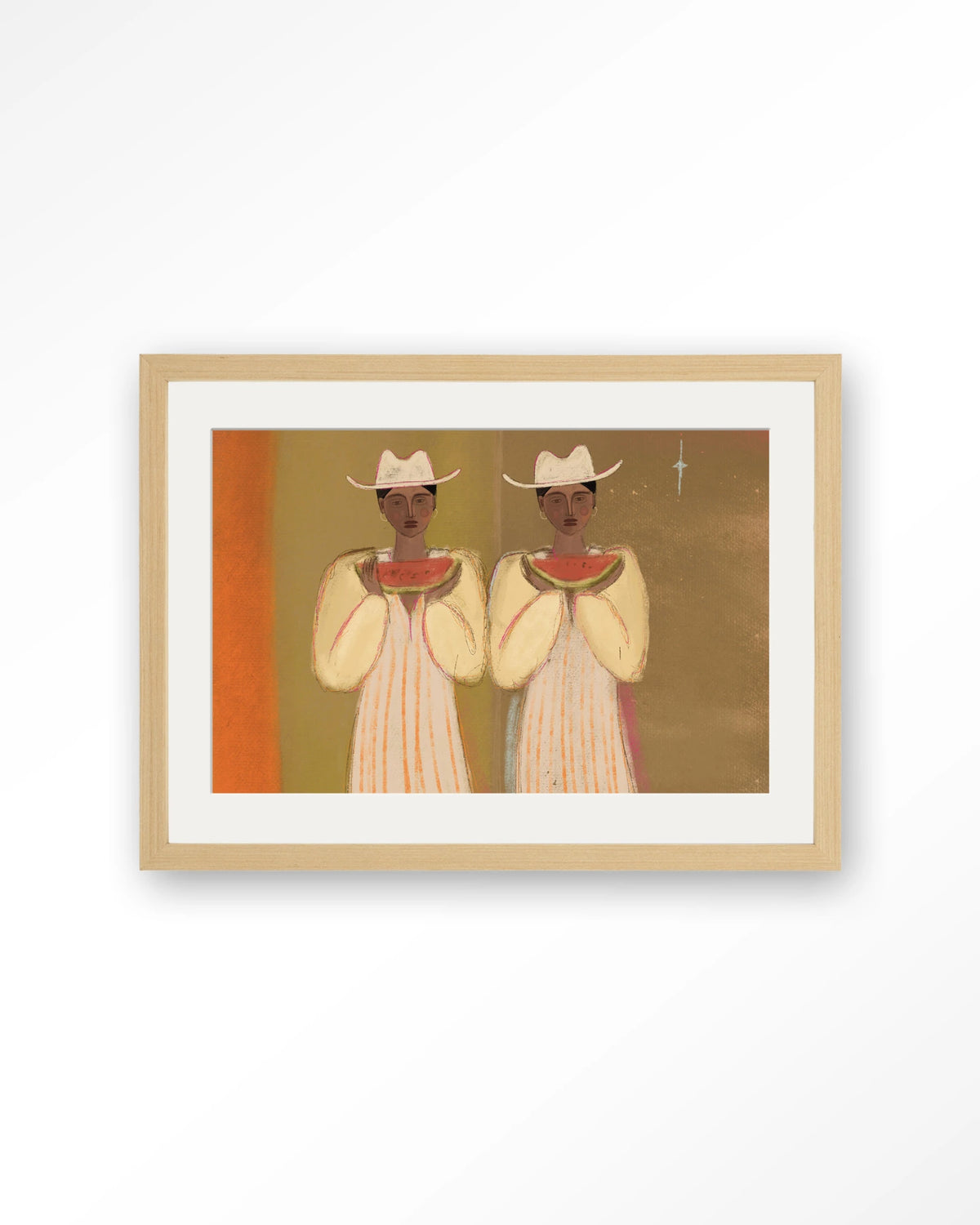 Watermelon Girl – twee vrouwen met watermeloen – Art print – Hout naturel + passe-partout