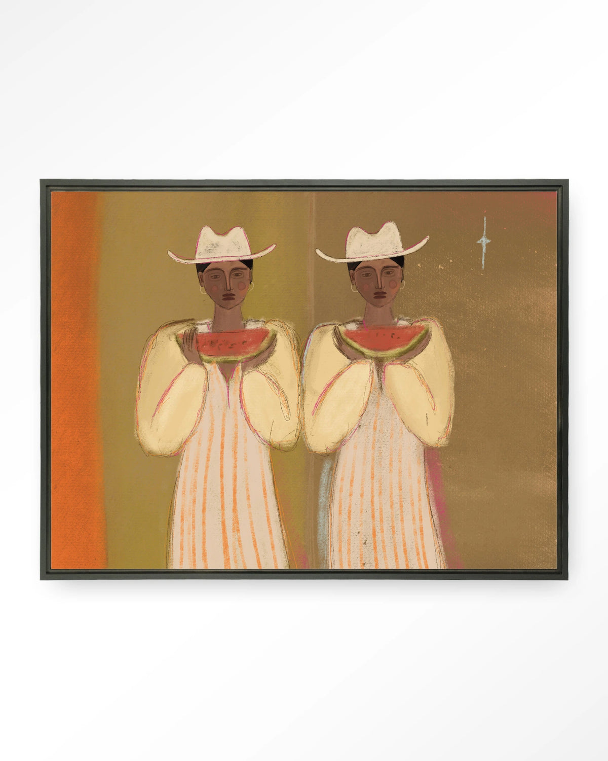 Watermelon Girl – twee vrouwen met watermeloen – Wandkleed – Floating frame – zwart