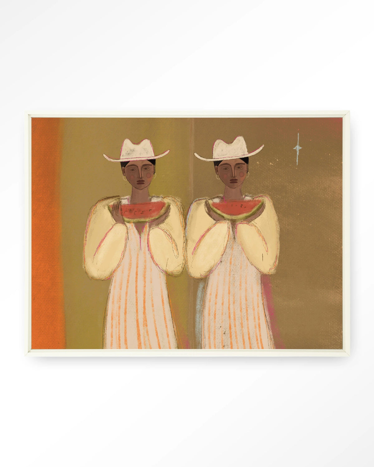 Watermelon Girl – twee vrouwen met watermeloen – Wandkleed – Floating frame – wit