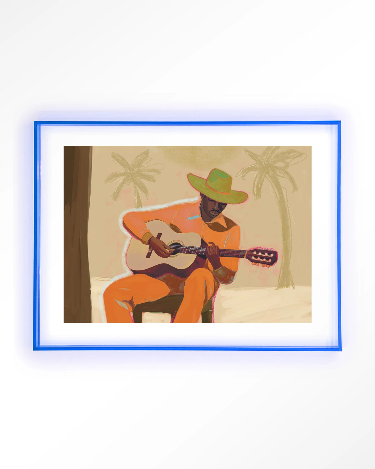 Musician 2 – gitarist in oranje – Art print – Acryl lichtblauw