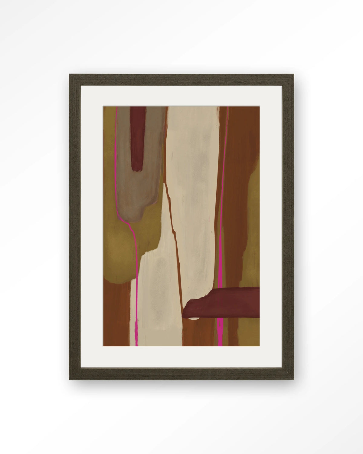 Zafra – abstract in oker en bordeaux – Art print – Hout donkerbruin + passe-partout