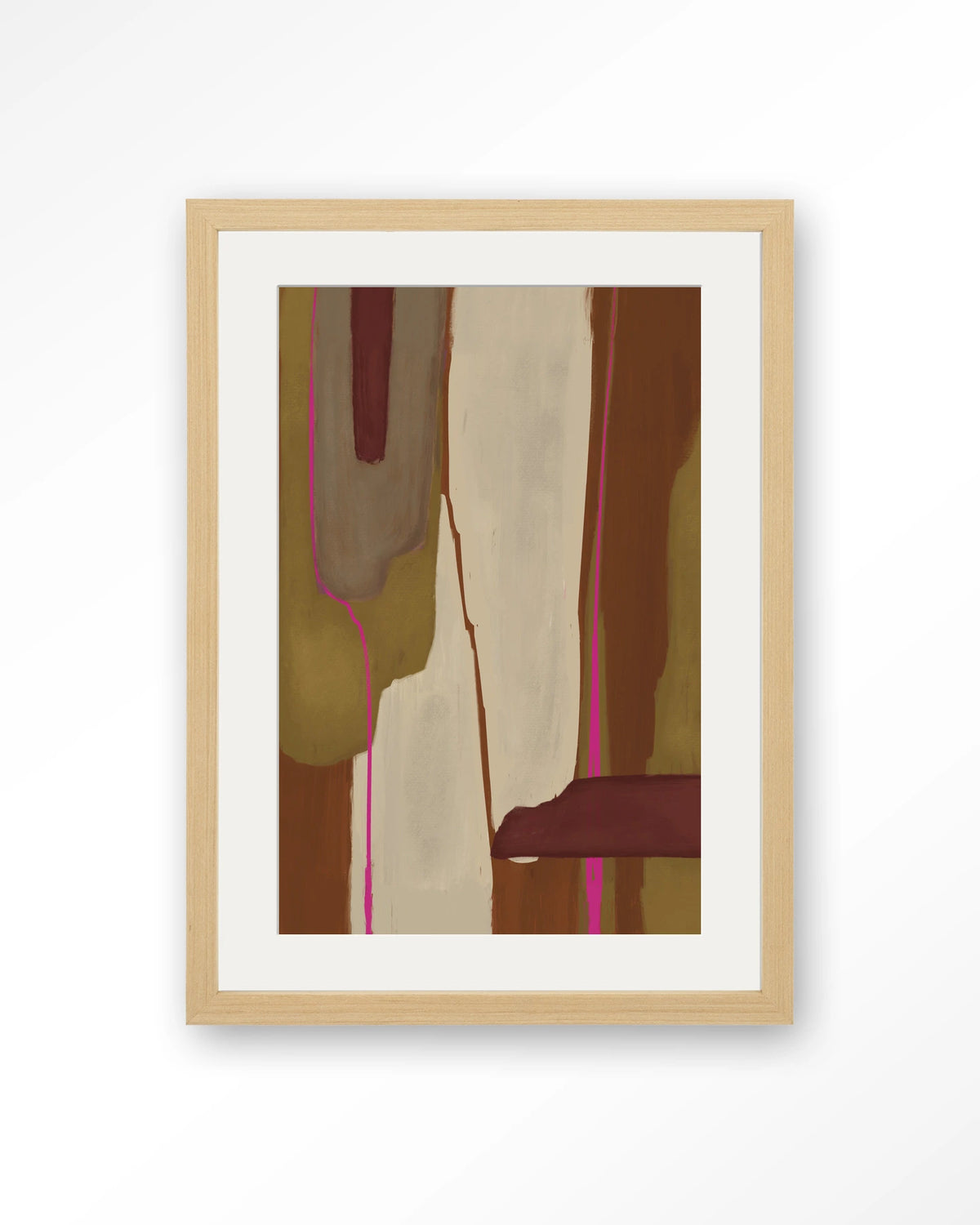 Zafra – abstract in oker en bordeaux – Art print – Hout naturel + passe-partout
