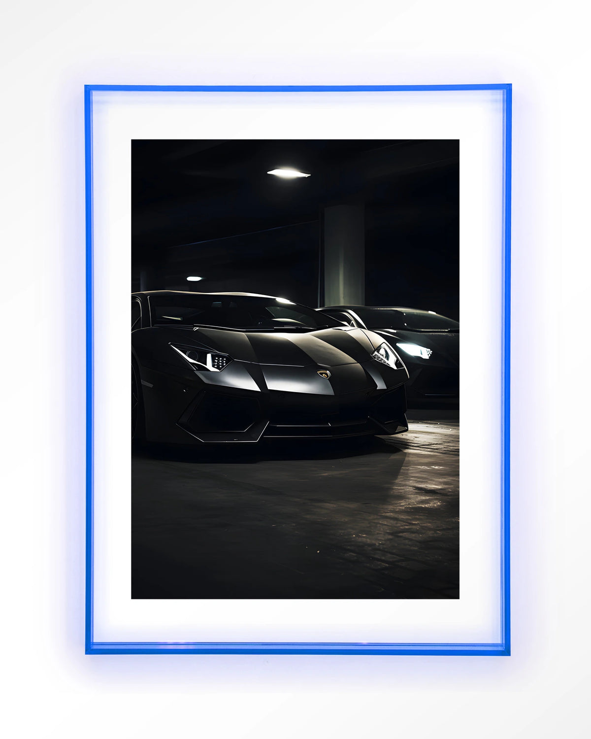 Luxury Garage – zwarte sportwagens in garage – Art print – Acryl lichtblauw