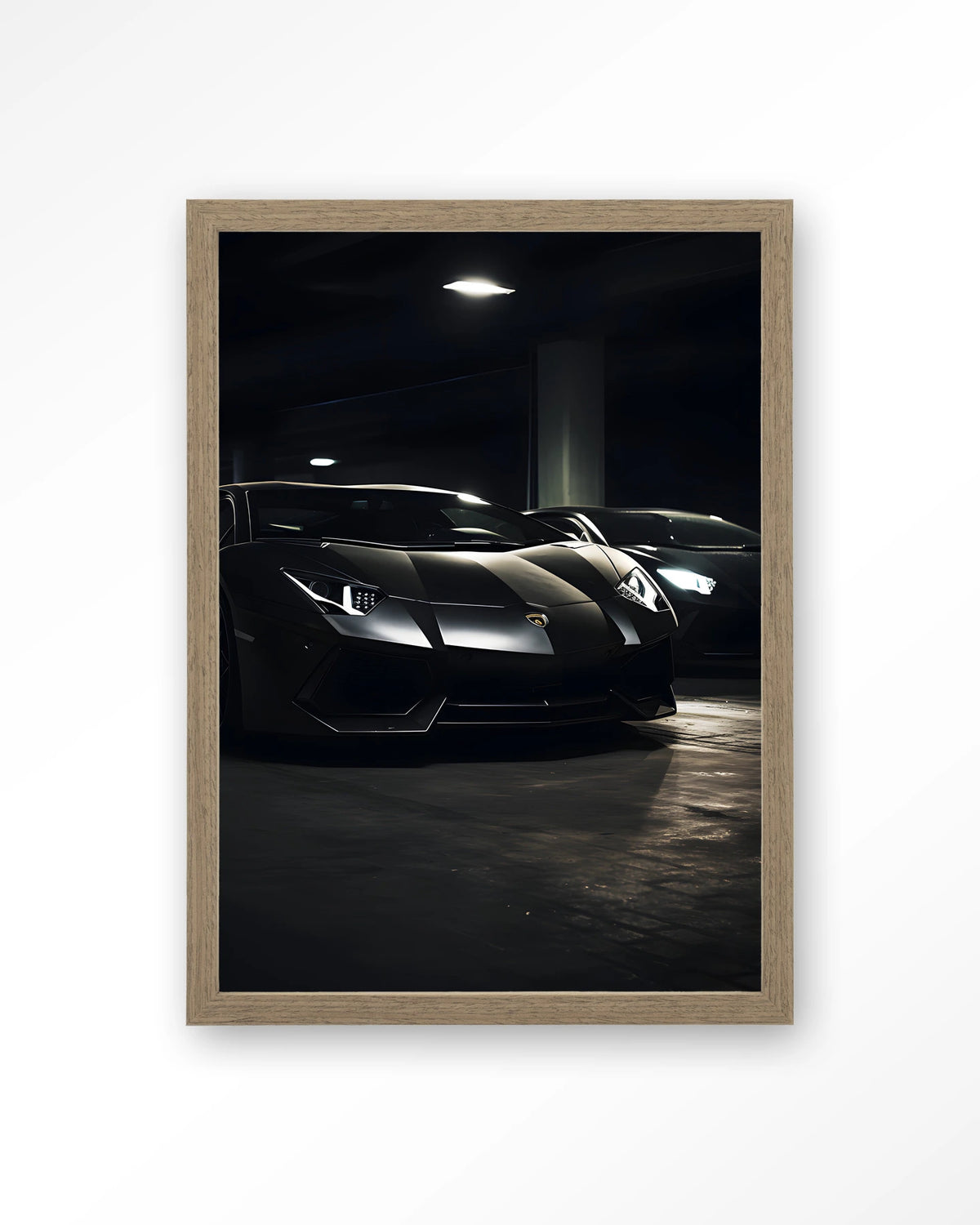 Luxury Garage – zwarte sportwagens in garage – Art print – Hout bruin