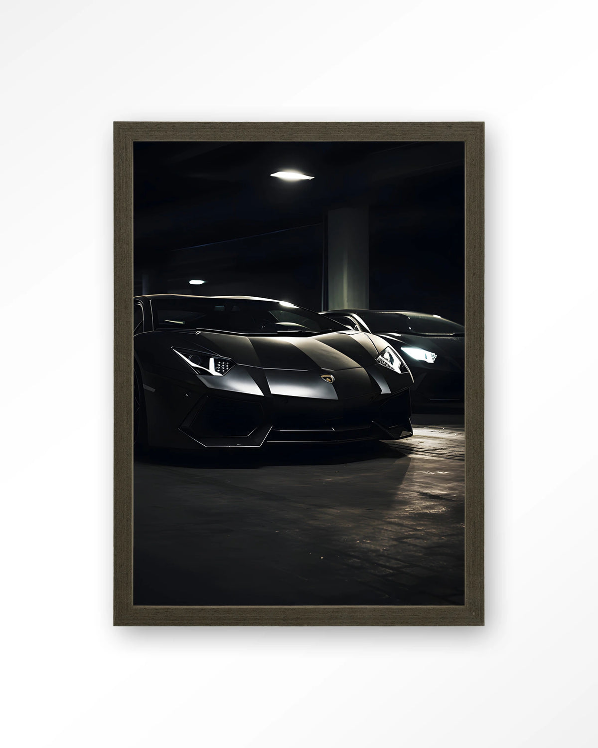 Luxury Garage – zwarte sportwagens in garage – Art print – Hout donkerbruin