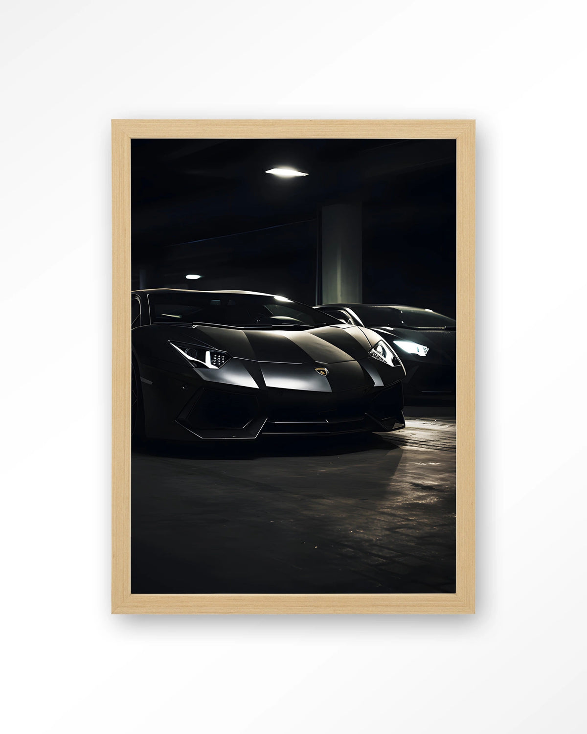 Luxury Garage – zwarte sportwagens in garage – Art print – Hout naturel