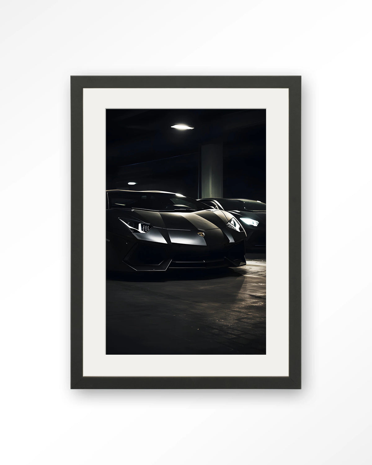 Luxury Garage – zwarte sportwagens in garage – Art print – Hout zwart + passe-partout
