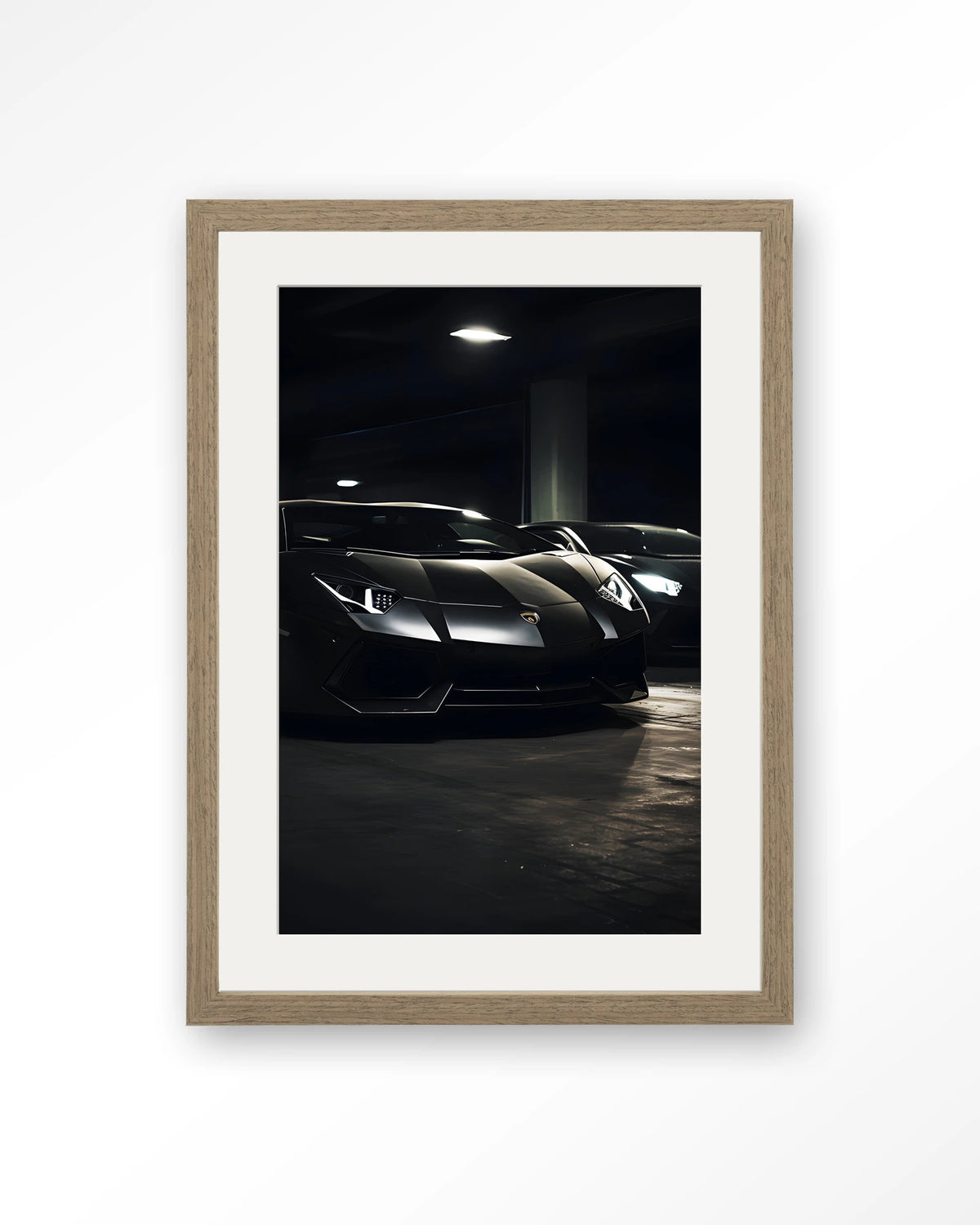 Luxury Garage – zwarte sportwagens in garage – Art print – Hout bruin + passe-partout