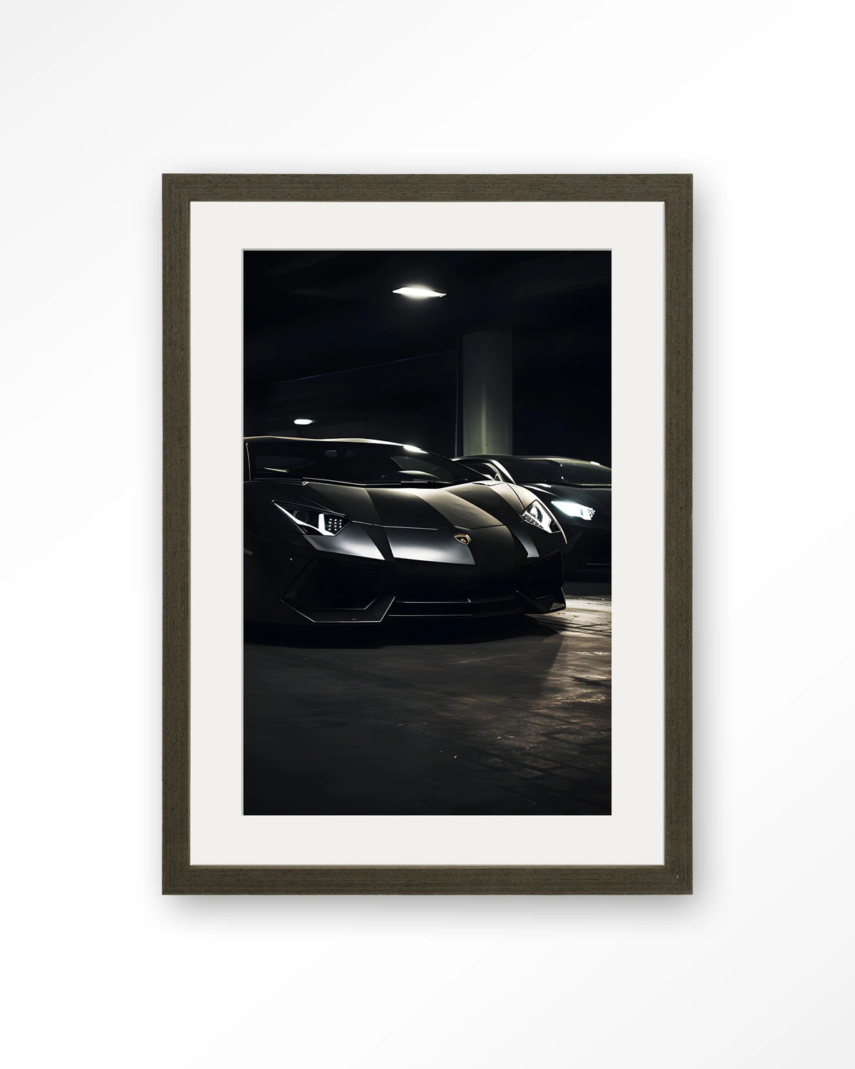 Luxury Garage – zwarte sportwagens in garage – Art print – Hout donkerbruin + passe-partout