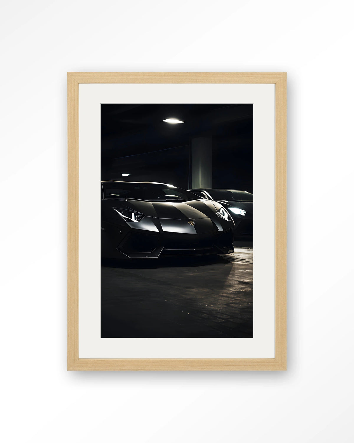 Luxury Garage – zwarte sportwagens in garage – Art print – Hout naturel + passe-partout