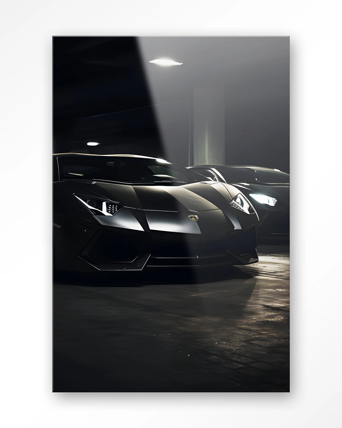 Luxury Garage – zwarte sportwagens in garage – Glas – Blinde montage