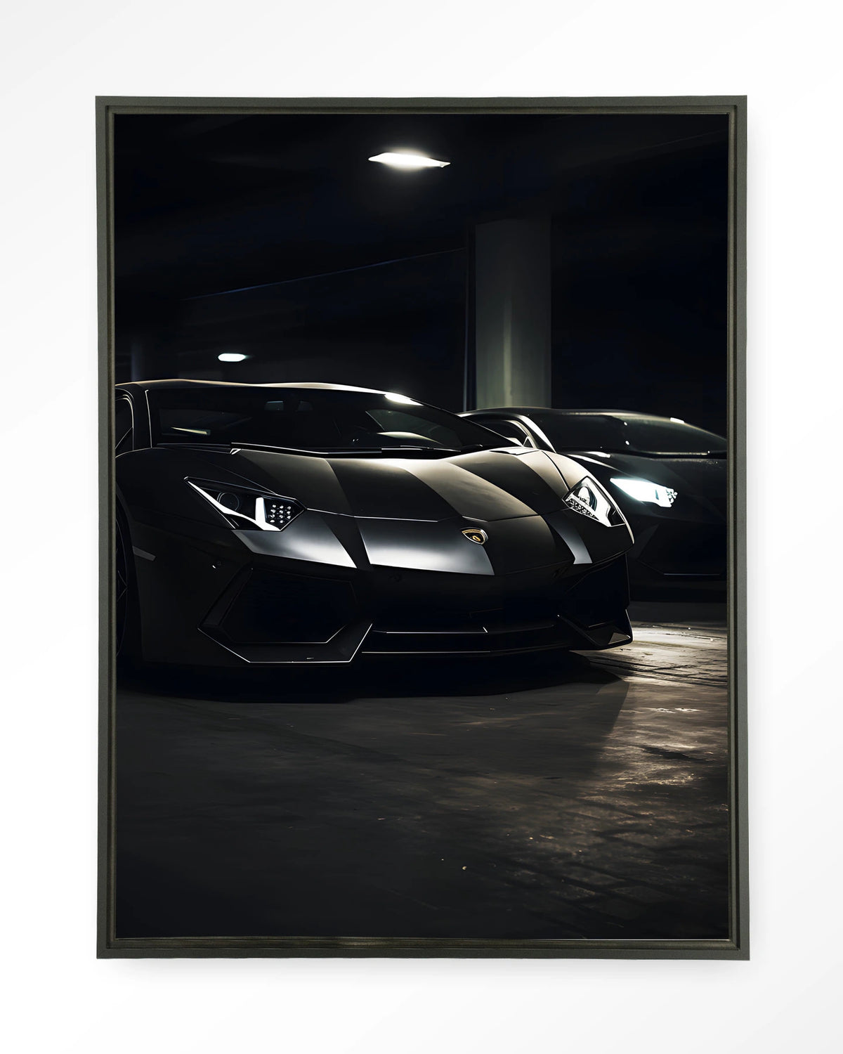 Luxury Garage – zwarte sportwagens in garage – Wandkleed – Floating frame – zwart