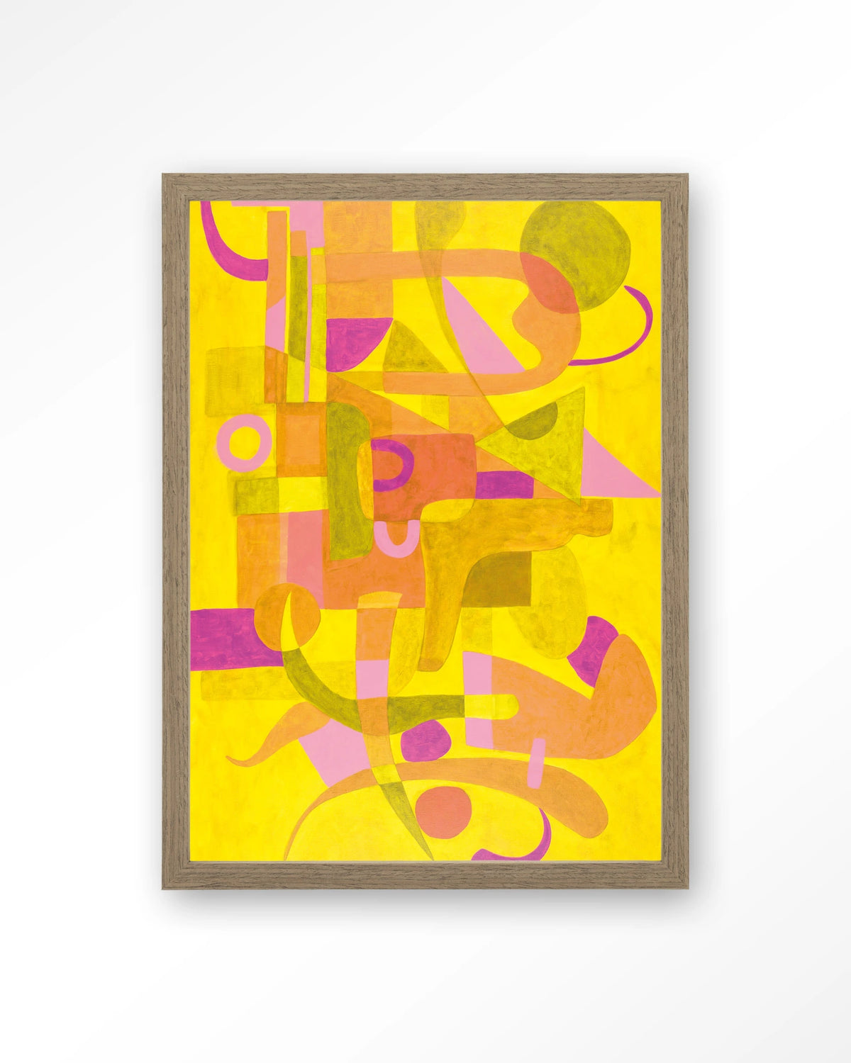 Otono Dorado – abstract in geel en roze – Art print – Hout bruin