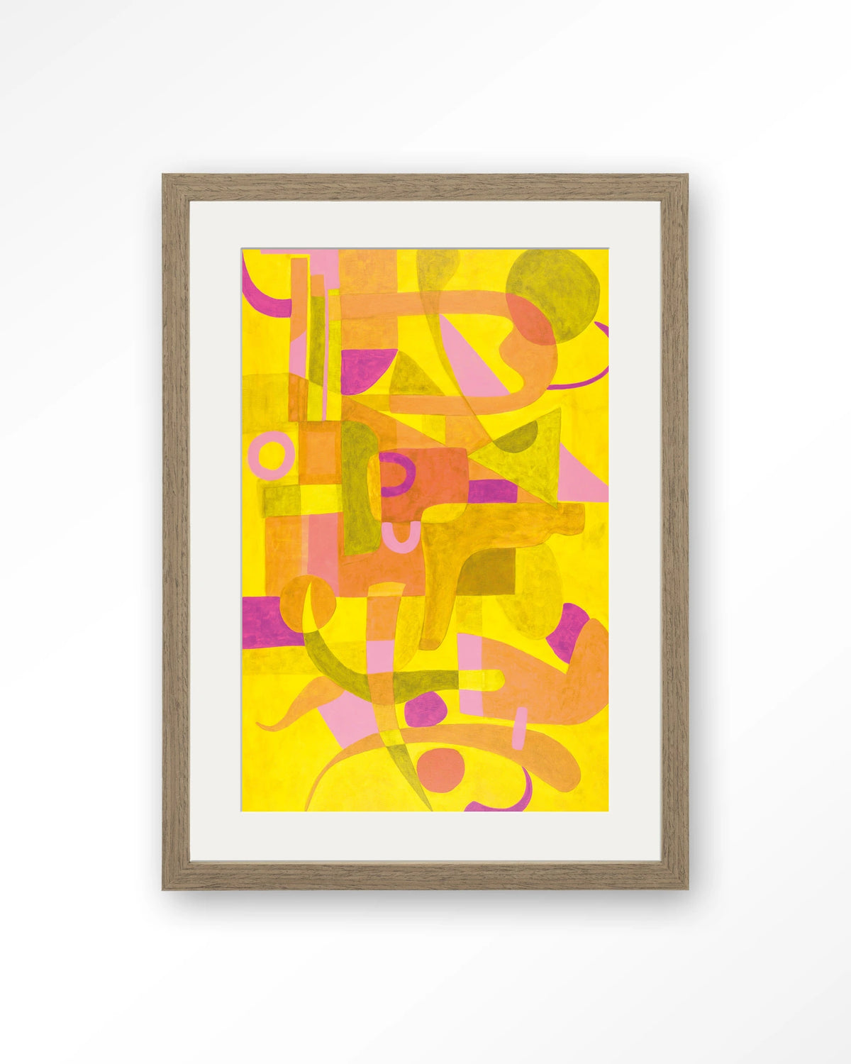 Otono Dorado – abstract in geel en roze – Art print – Hout bruin + passe-partout
